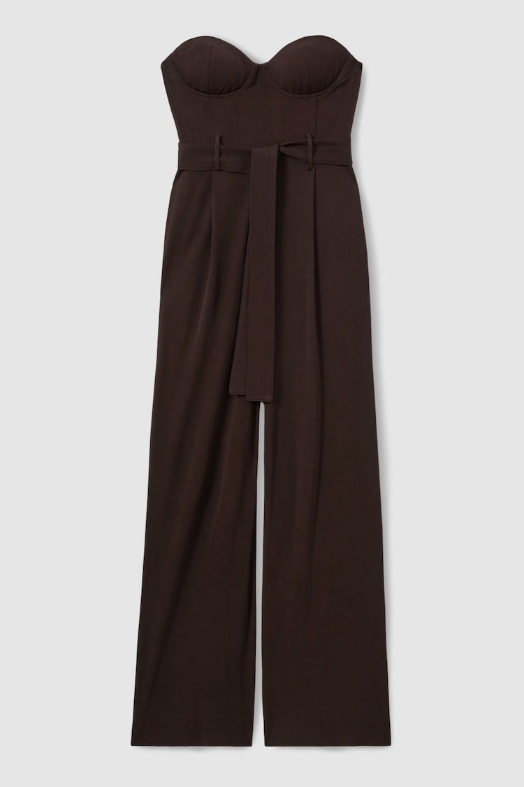 Reiss Chocolate Estel Atelier Strapless Crepe Bustier Jumpsuit - Image 2 of 6