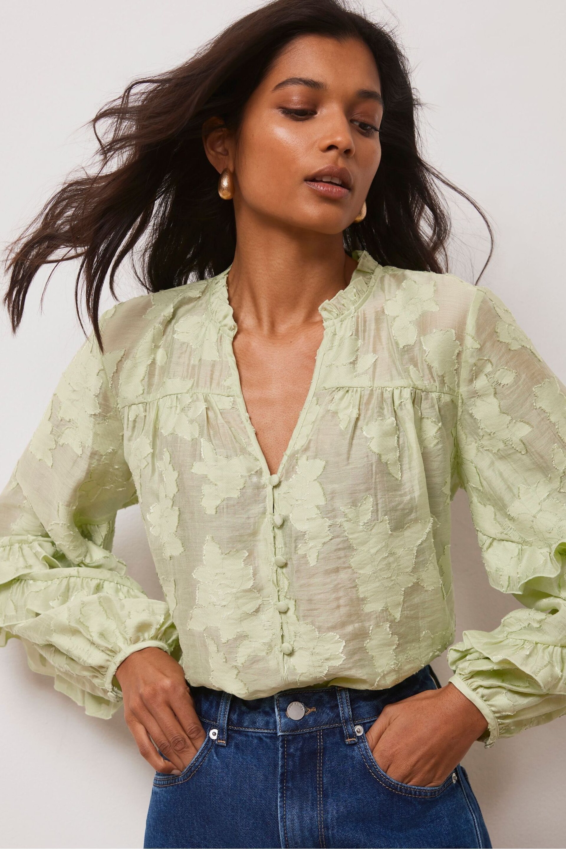 Mint Velvet Green Jacquard Ruffle Blouse - Image 1 of 4