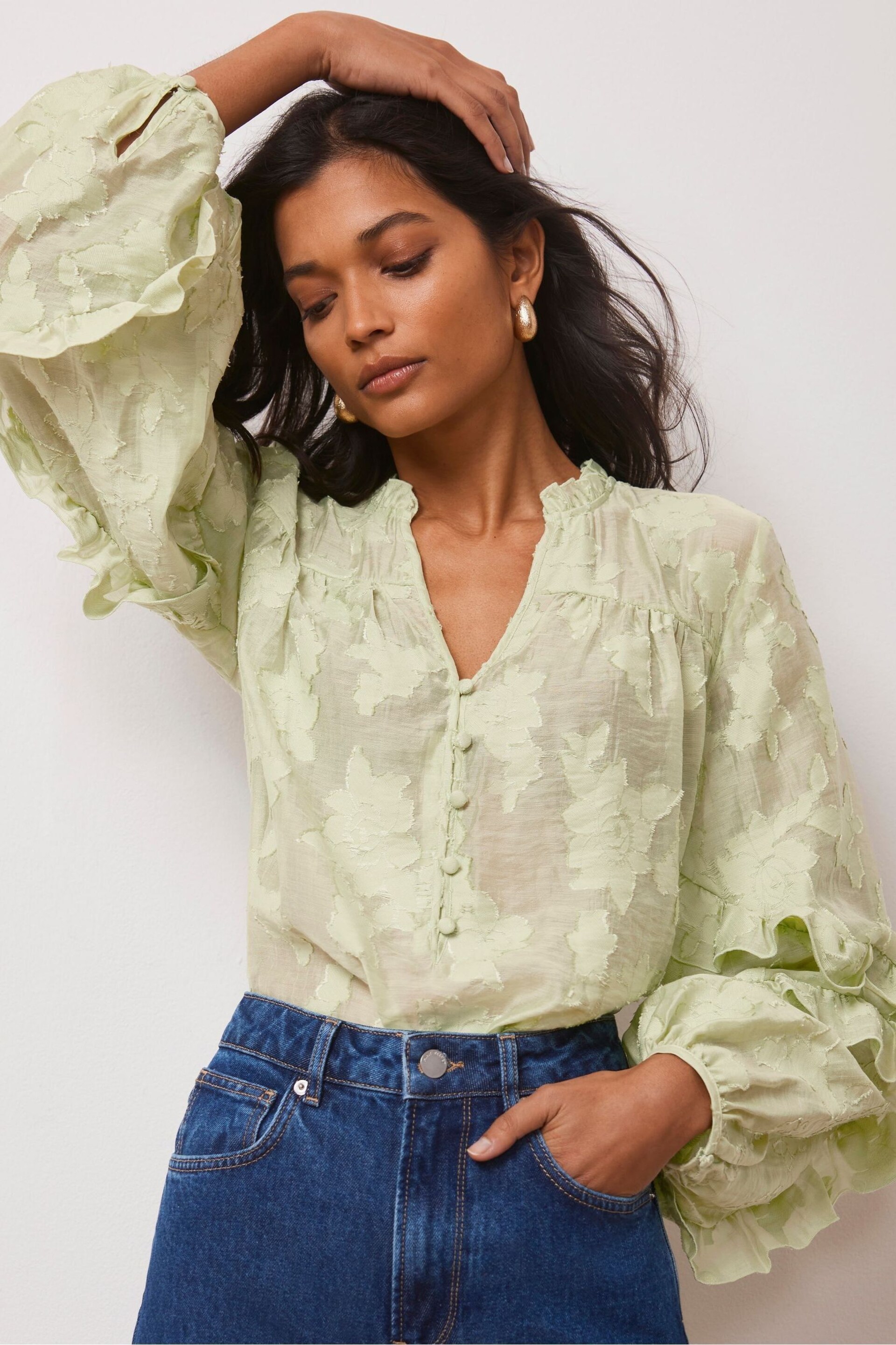 Mint Velvet Green Jacquard Ruffle Blouse - Image 2 of 4