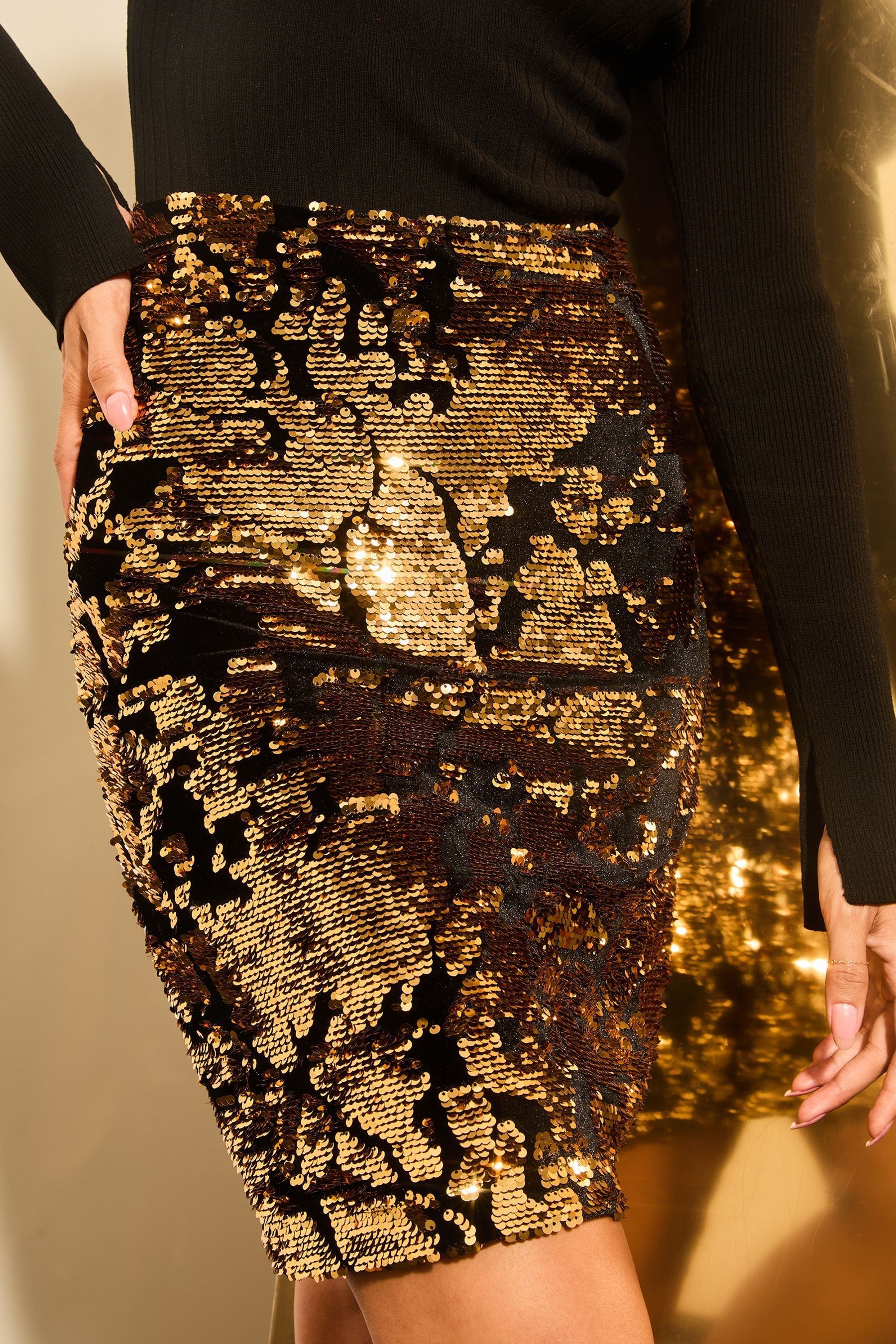 Buy Lipsy Gold Sequin Ribbed Knitted Print 2 in 1 Dress from the Next UK online shop
