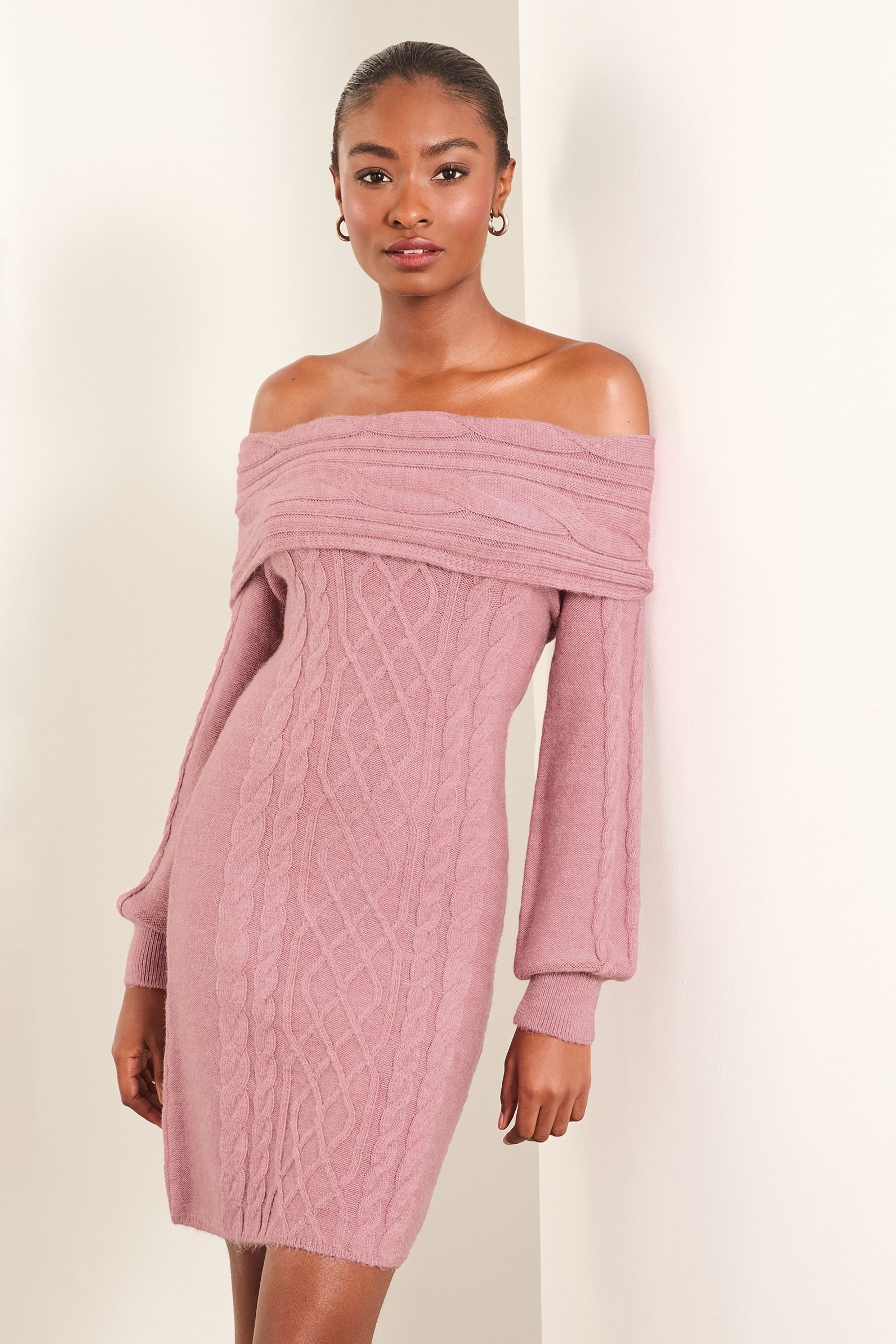 Buy Lipsy Pink Off The Shoulder Knitted Long Sleeve Mini Dress from the Next UK online shop