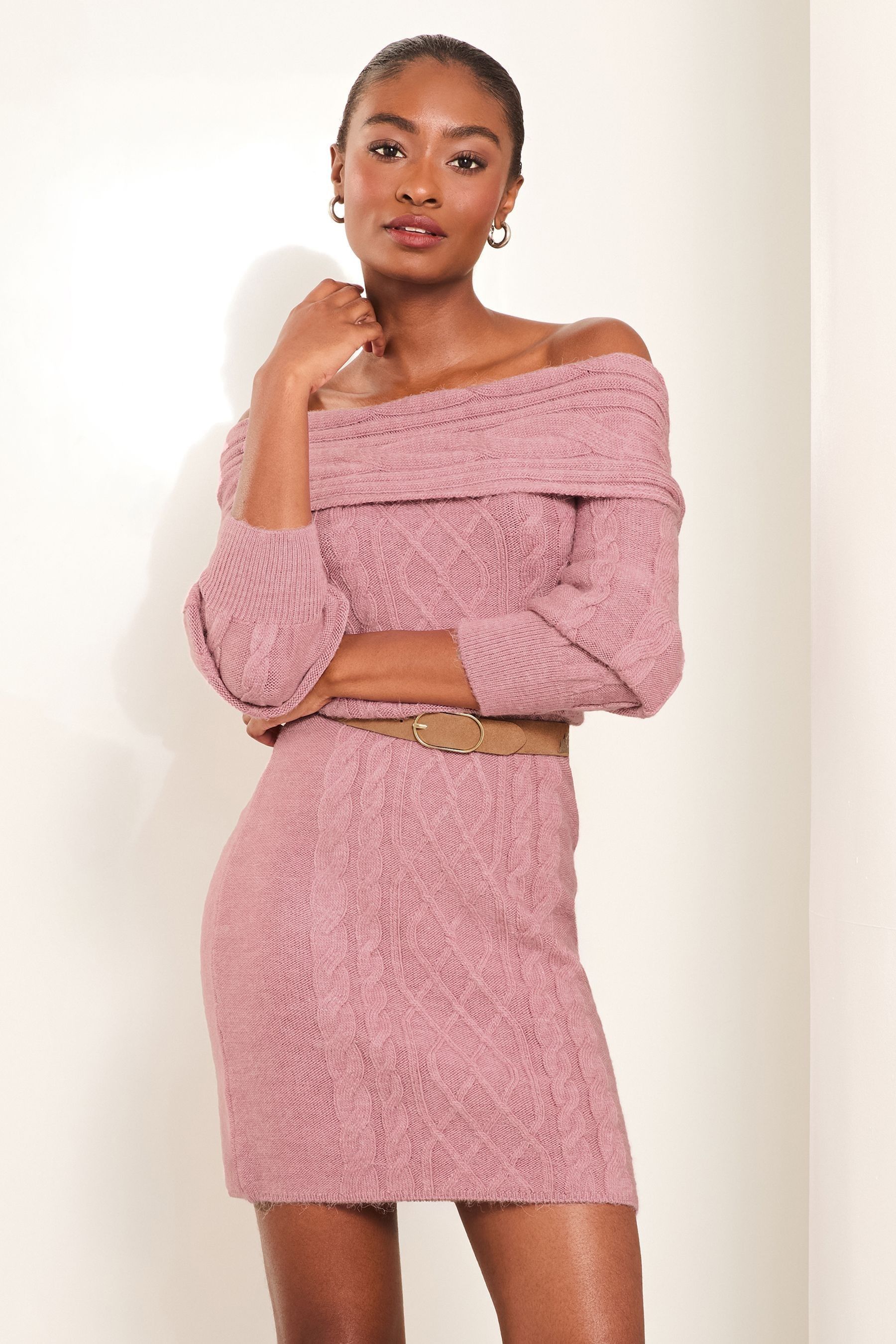 Lipsy Pink Off The Shoulder Knitted Long Sleeve Mini Dress