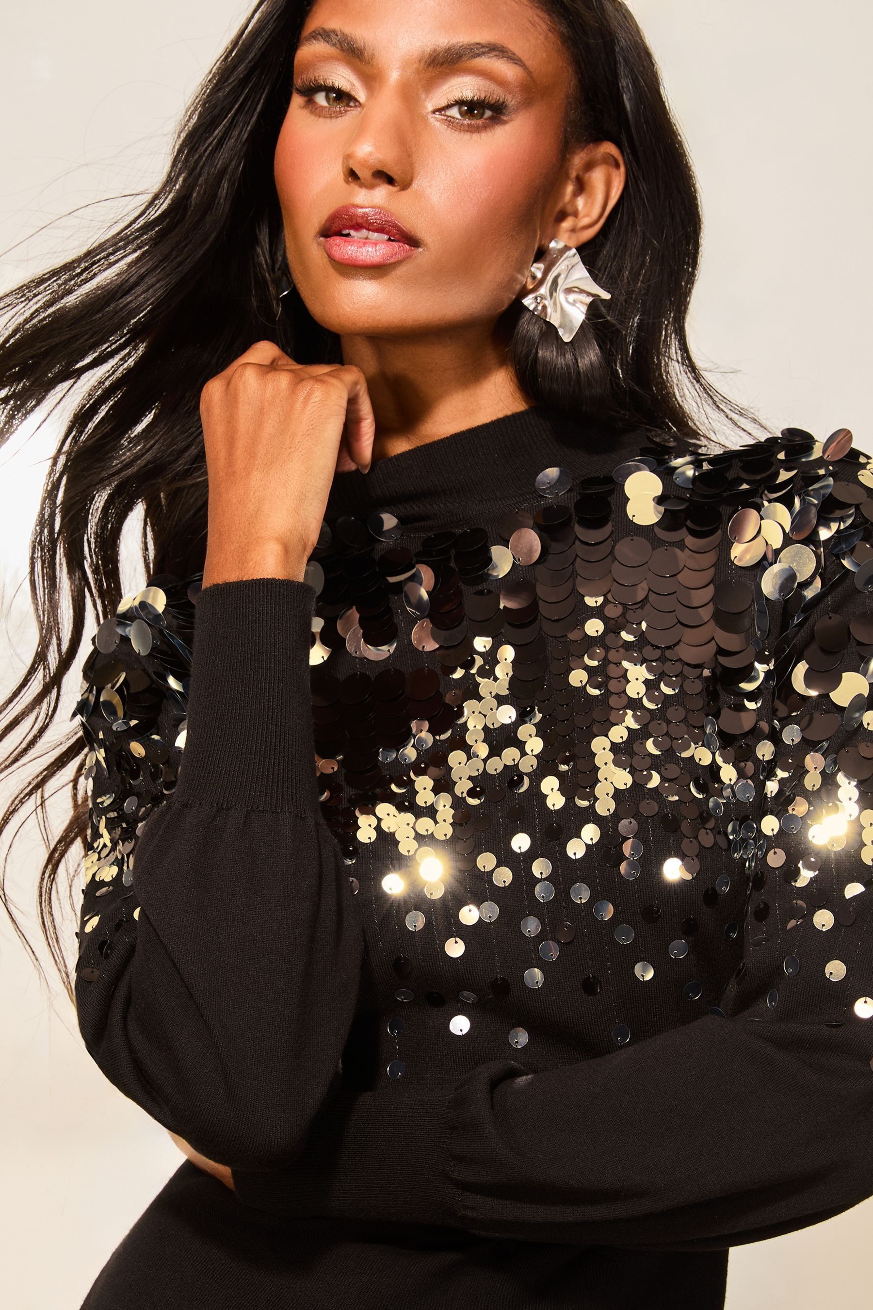 Lipsy Black Sequin Disc Knitted Mini Dress