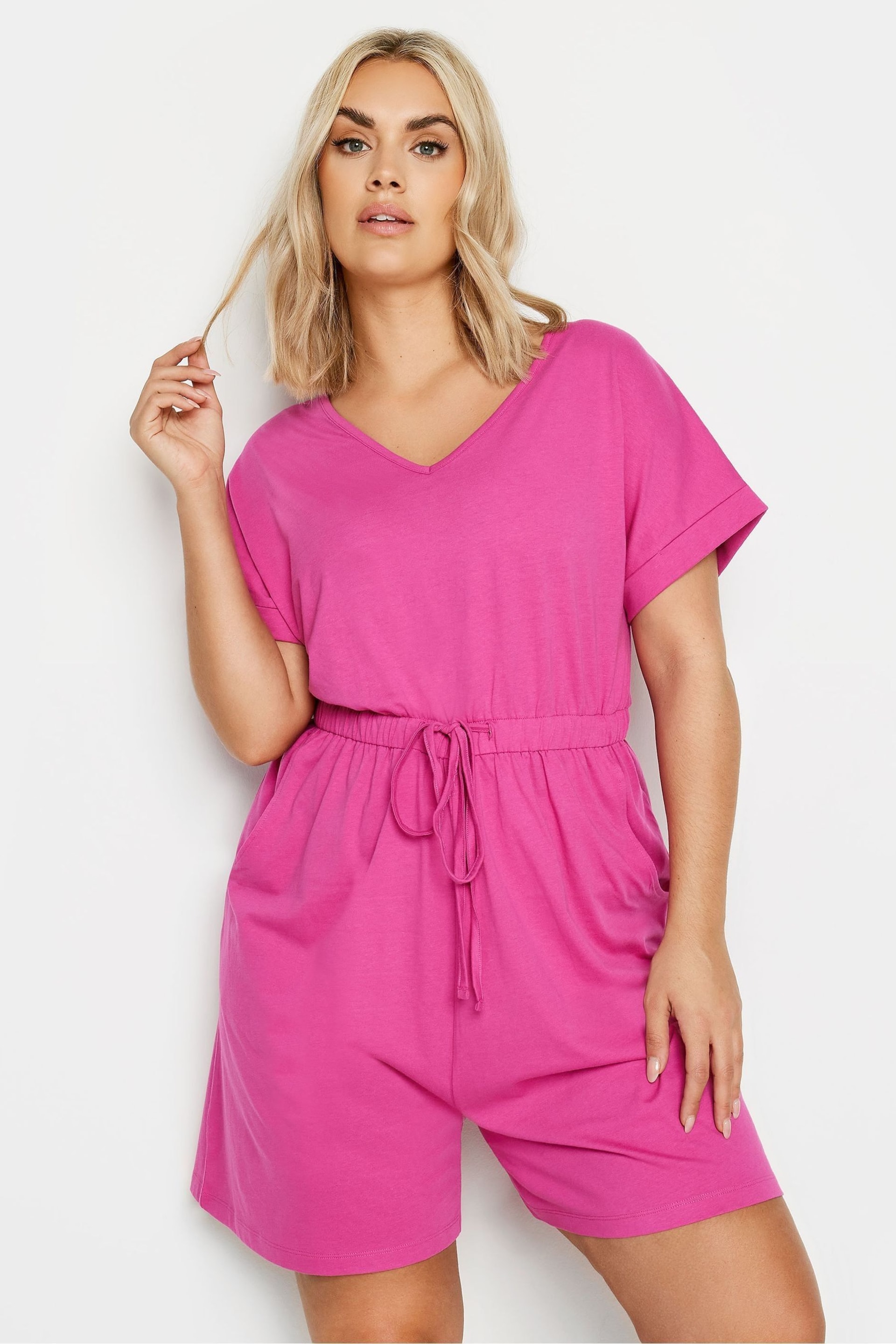 Yours Curve Hot Pink Limited Collection Drawstring Playsuit - Image 1 of 5