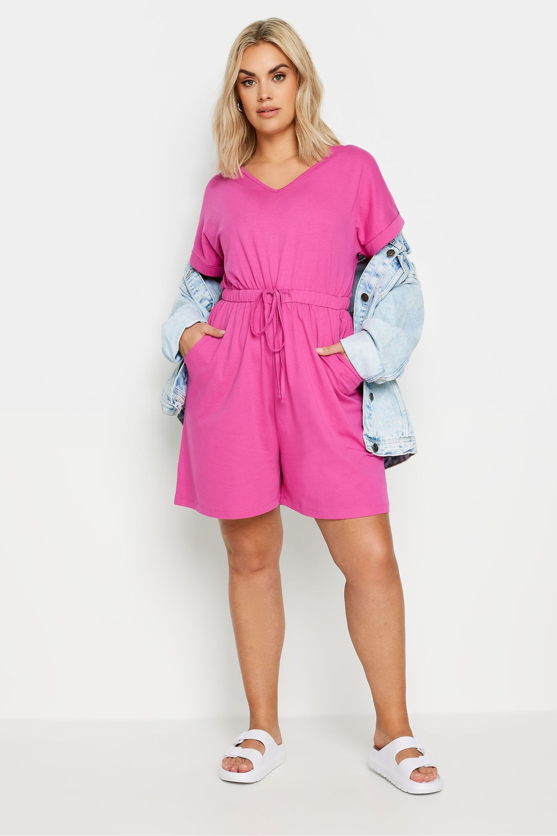 Yours Curve Hot Pink Limited Collection Drawstring Playsuit - Image 2 of 5