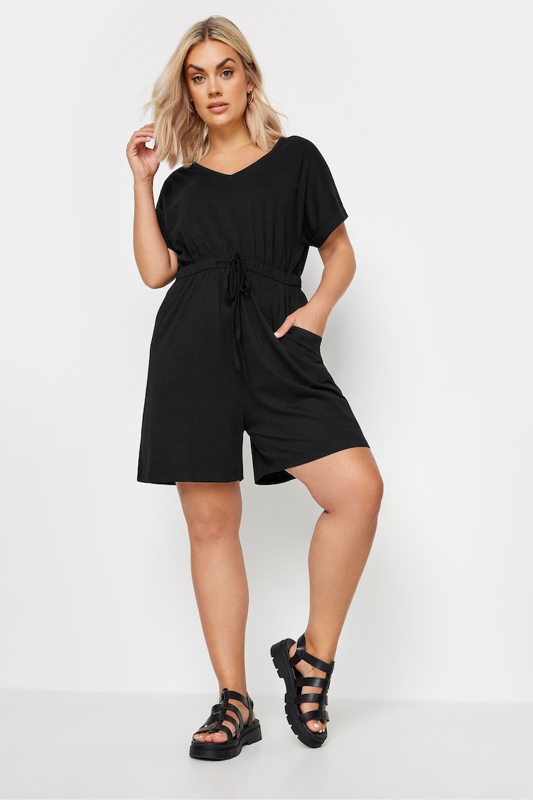 Yours Curve Black Limited Collection 100% Cotton Drawstring Playsuit - Image 2 of 5