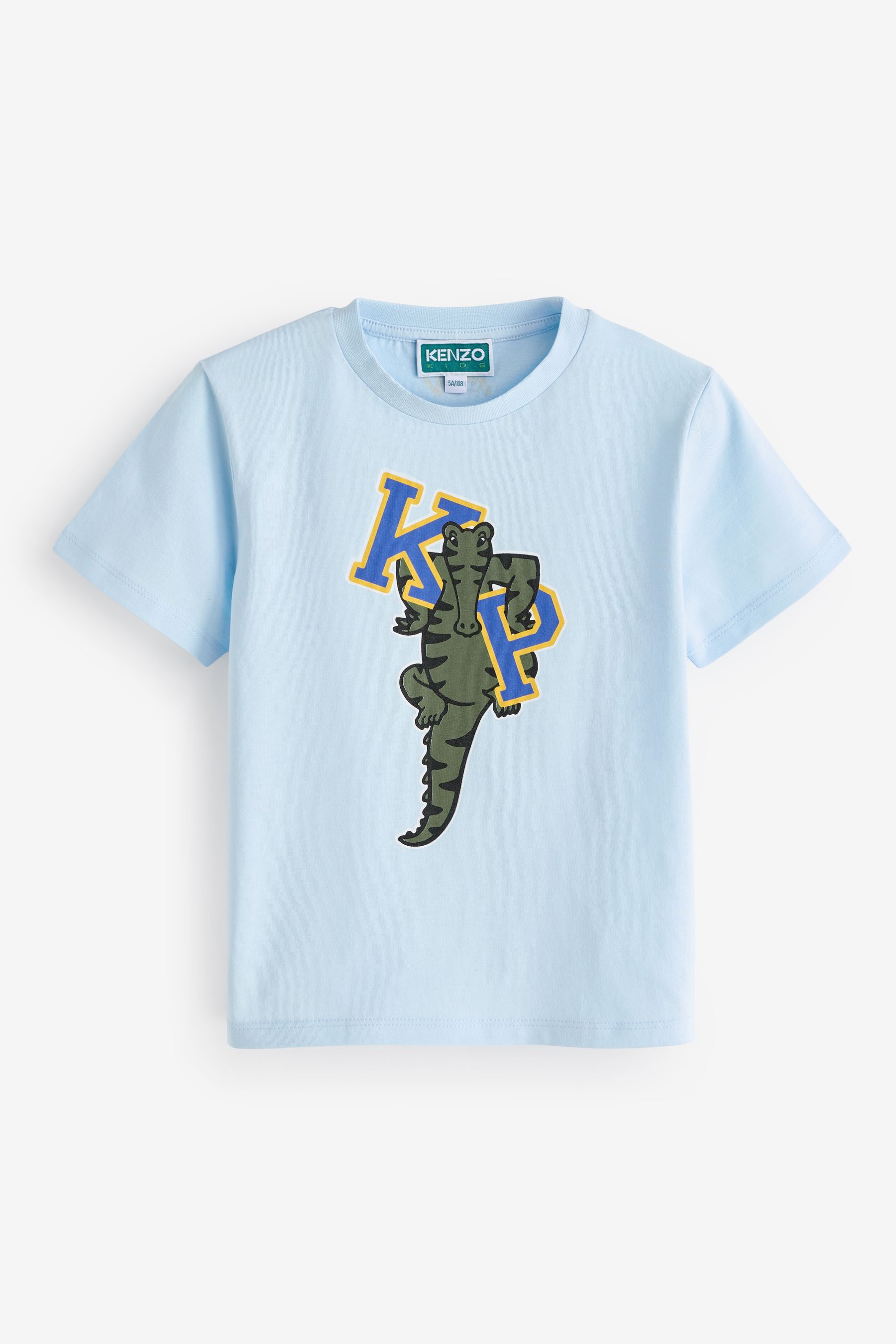 KENZO KIDS Blue Crocodile Print Varsity Logo Short Sleeve T Shirt