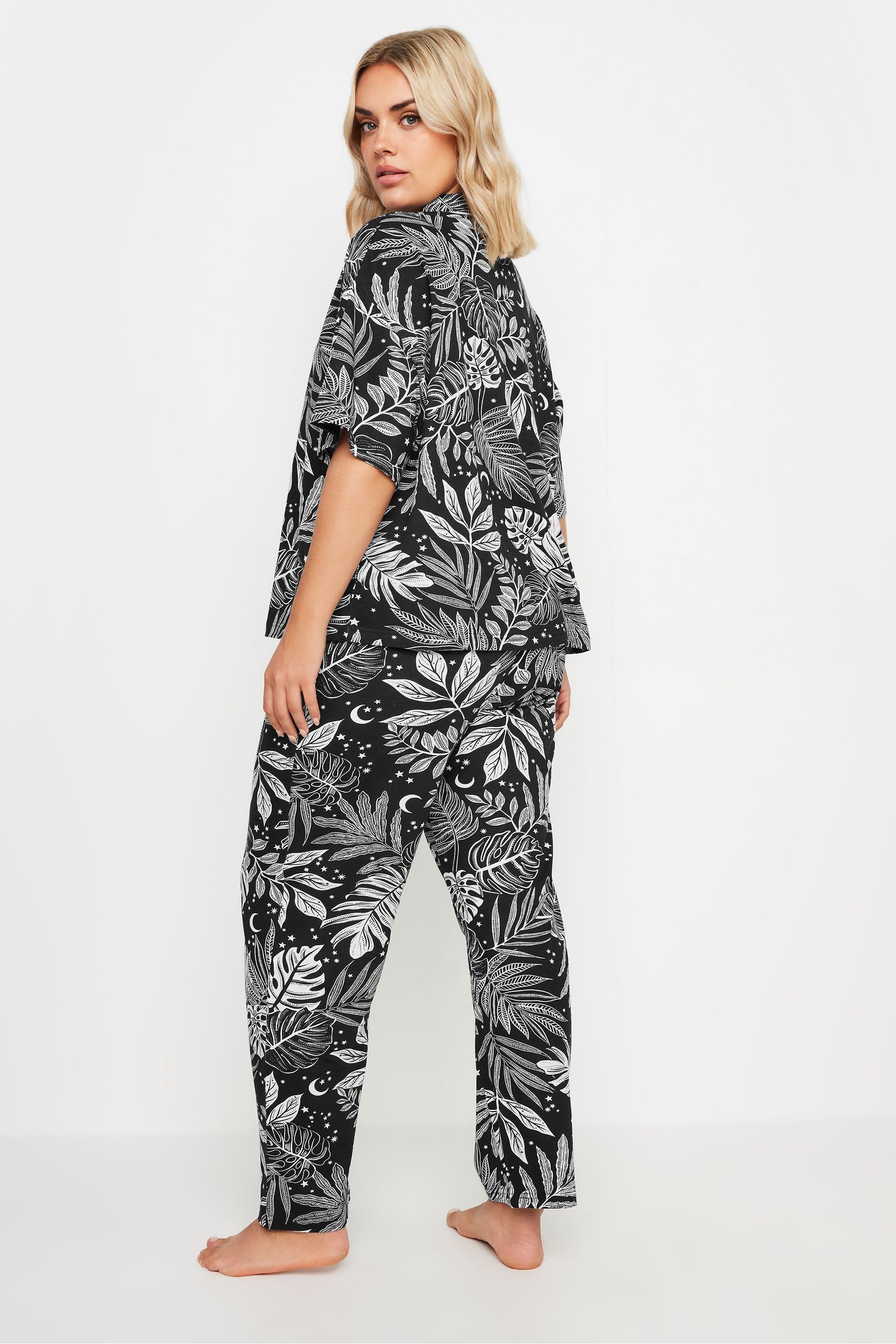 Yours Curve Black Midnight Palm Collar Revere 100 Cotton Pyjamas Set 22 24 Womens