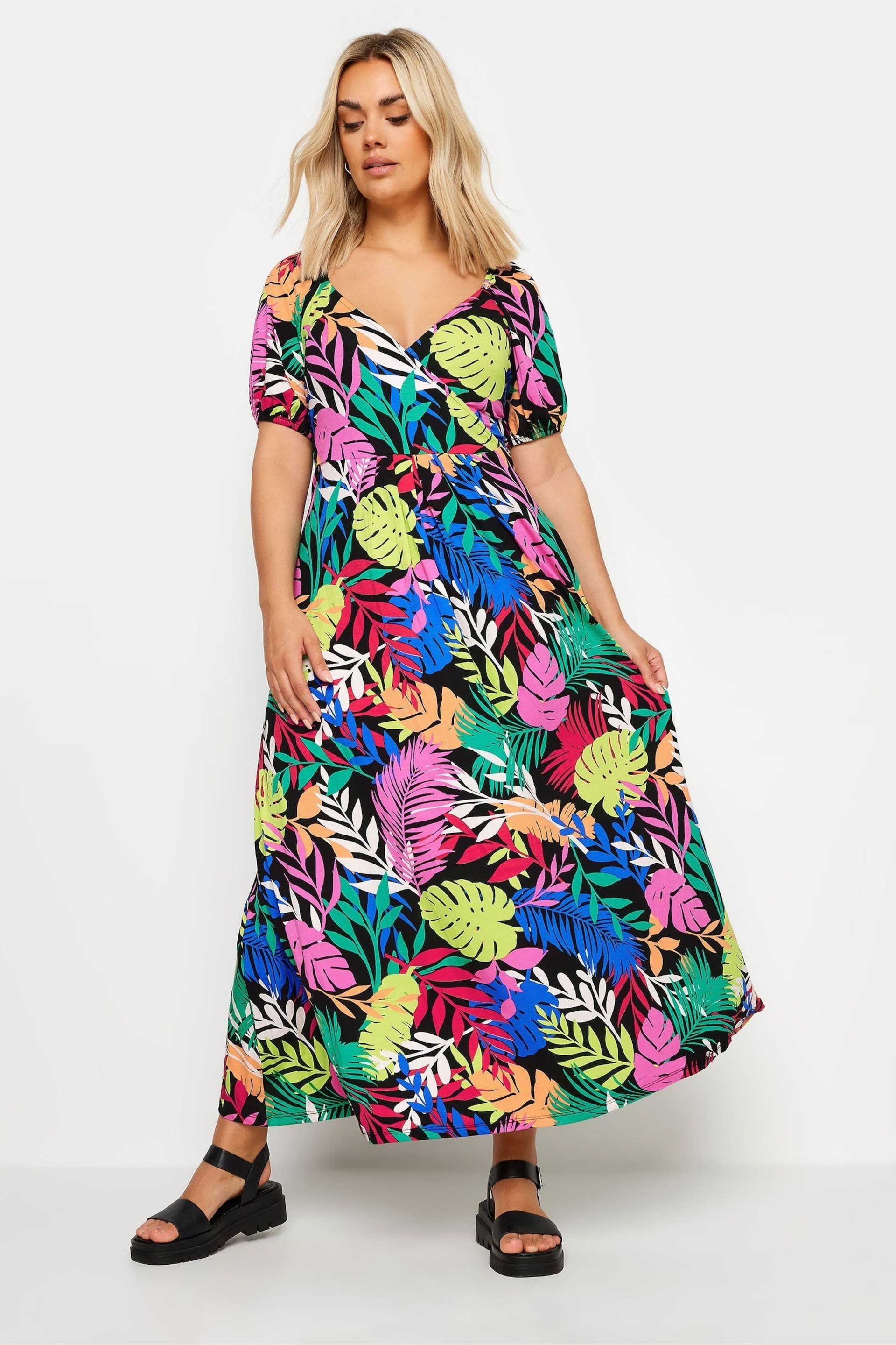Yours Curve Black Leaf Print Tiered Maxi Dress - Image 2 of 5