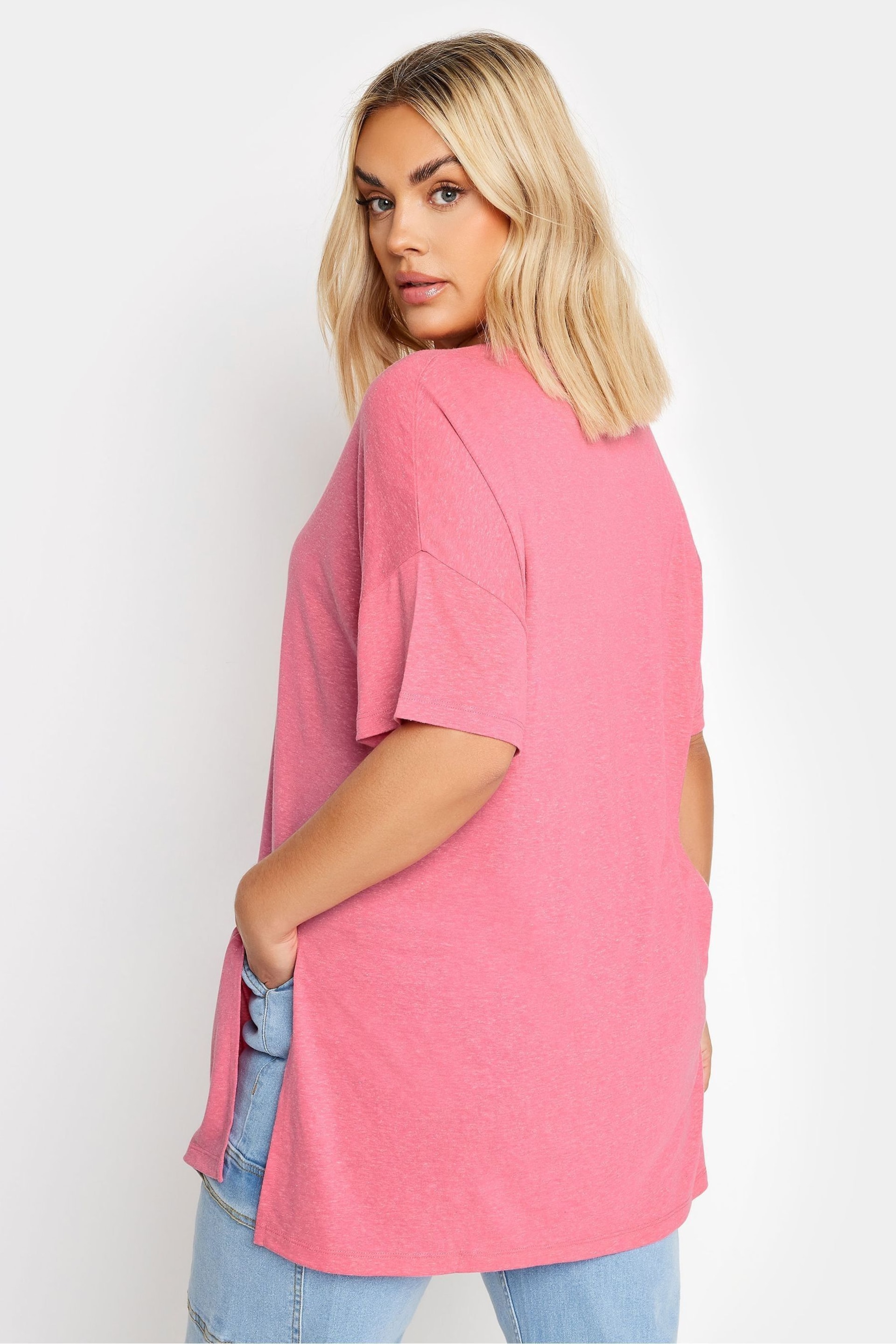 Yours Curve Pink Oversize Side Split Linen Look T-Shirt - Image 3 of 5