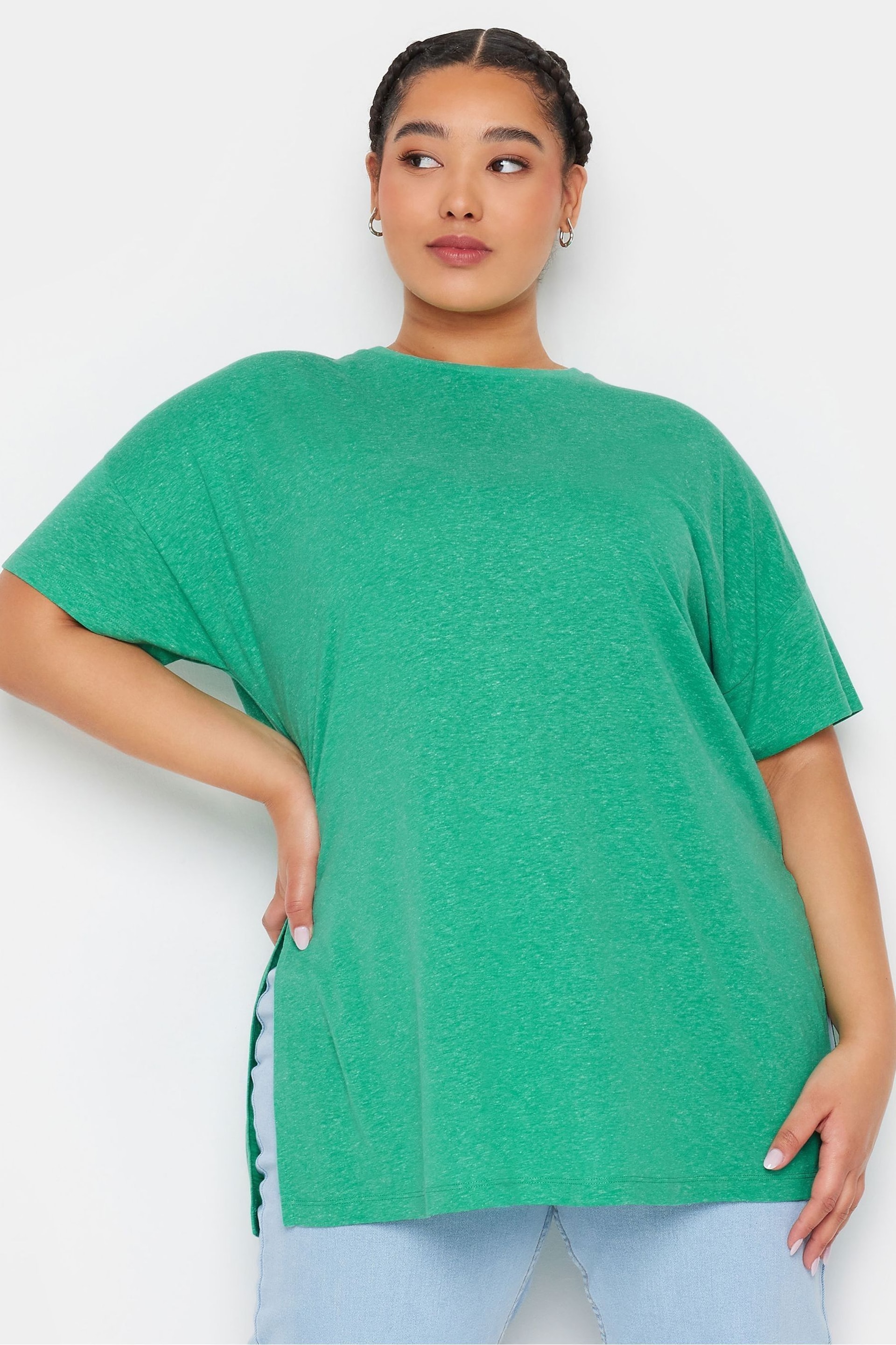 Yours Curve Green Oversize Side Split Linen Look T-Shirt - Image 1 of 5