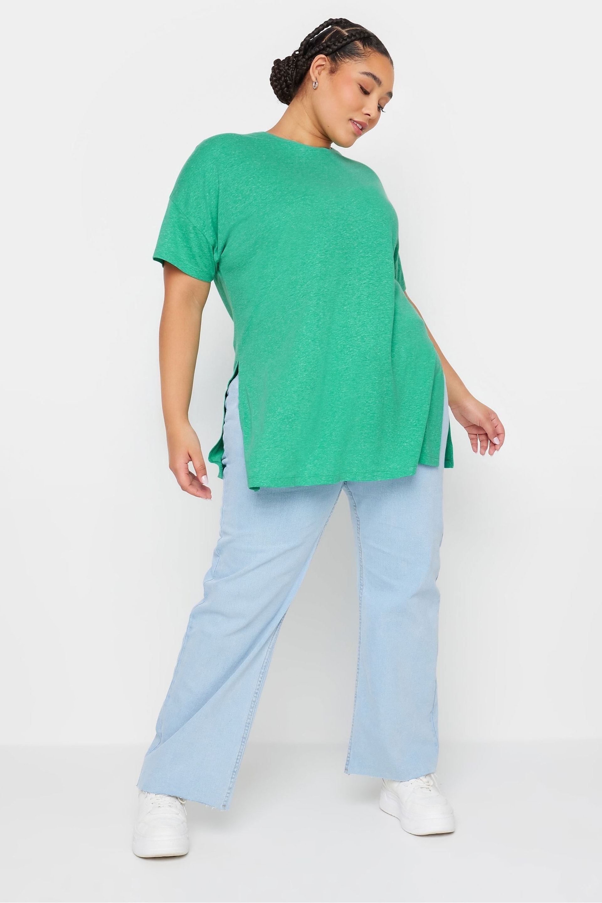 Yours Curve Green Oversize Side Split Linen Look T-Shirt - Image 2 of 5