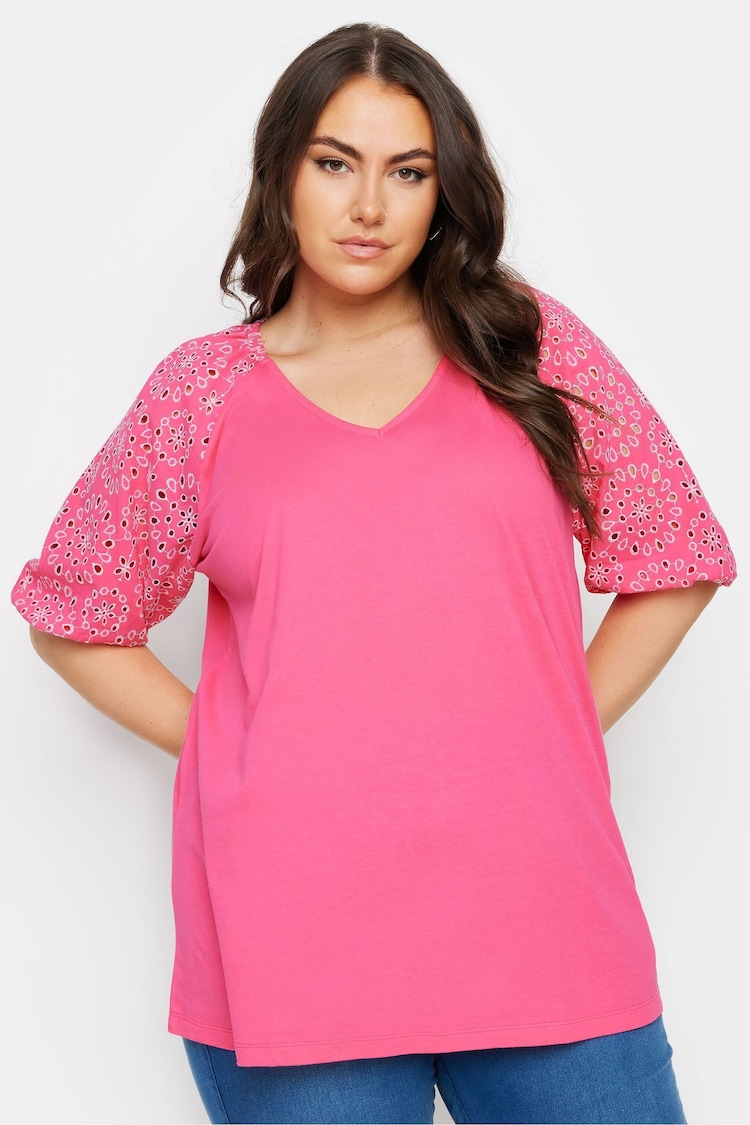 Yours Curve Pink Anglaise Sleeve 100% Cotton T-Shirt - Image 1 of 5