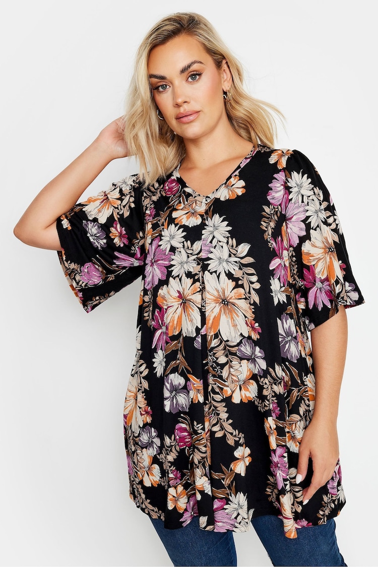 Yours Curve Black & Pink Floral Print Swing Top - Image 1 of 5