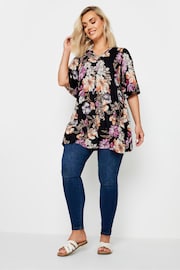 Yours Curve Black & Pink Floral Print Swing Top - Image 2 of 5