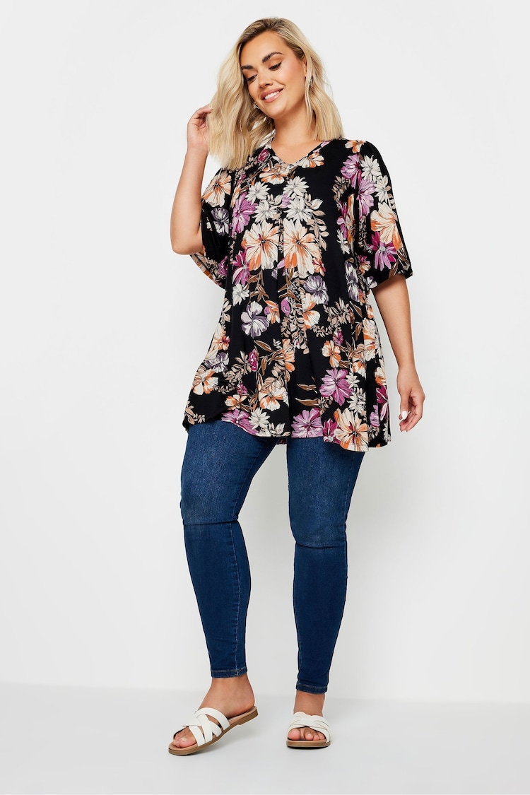 Yours Curve Black & Pink Floral Print Swing Top - Image 2 of 5