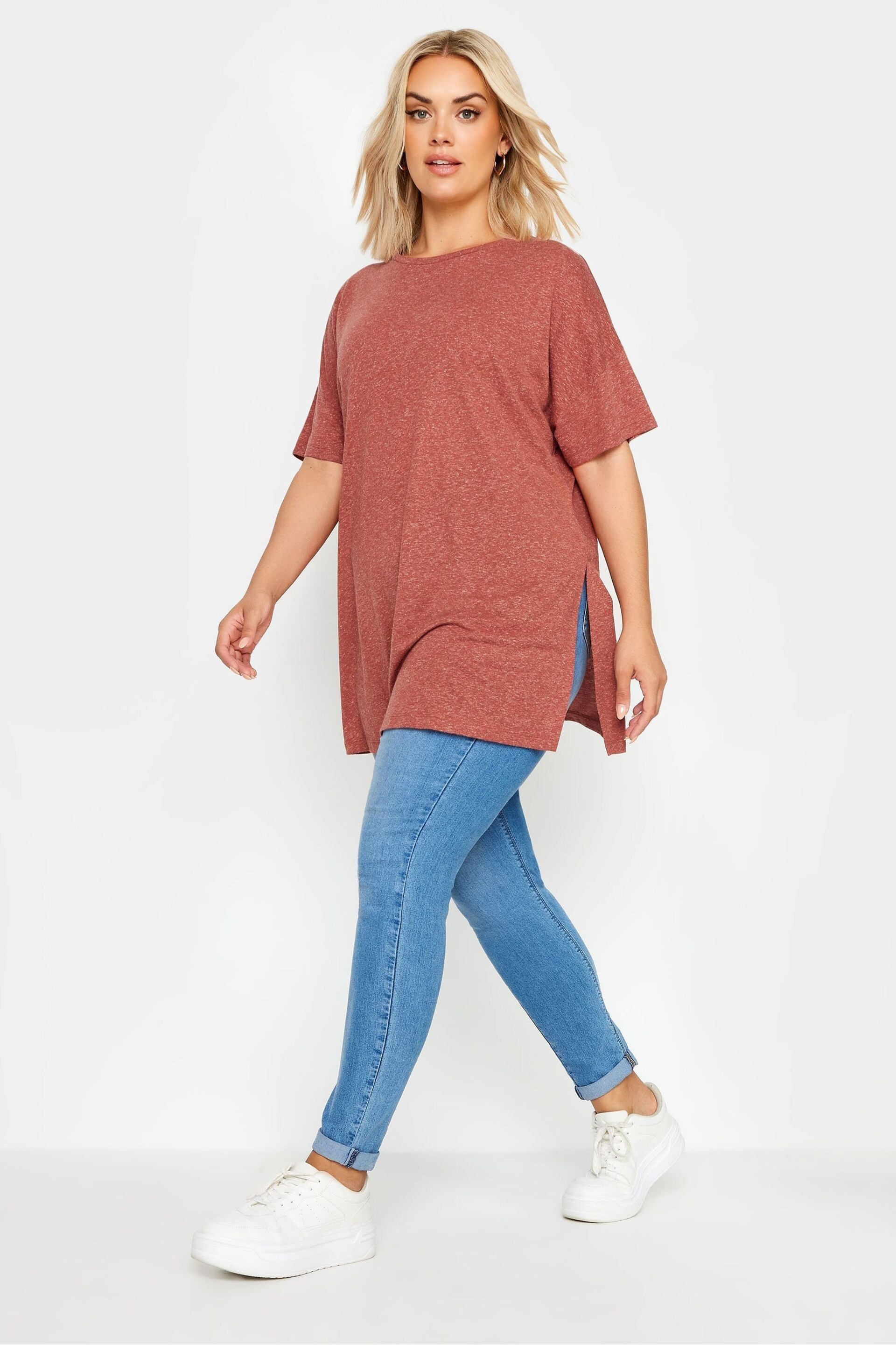 Yours Curve Red Oversize Side Split Linen Look T-Shirt - Image 2 of 5