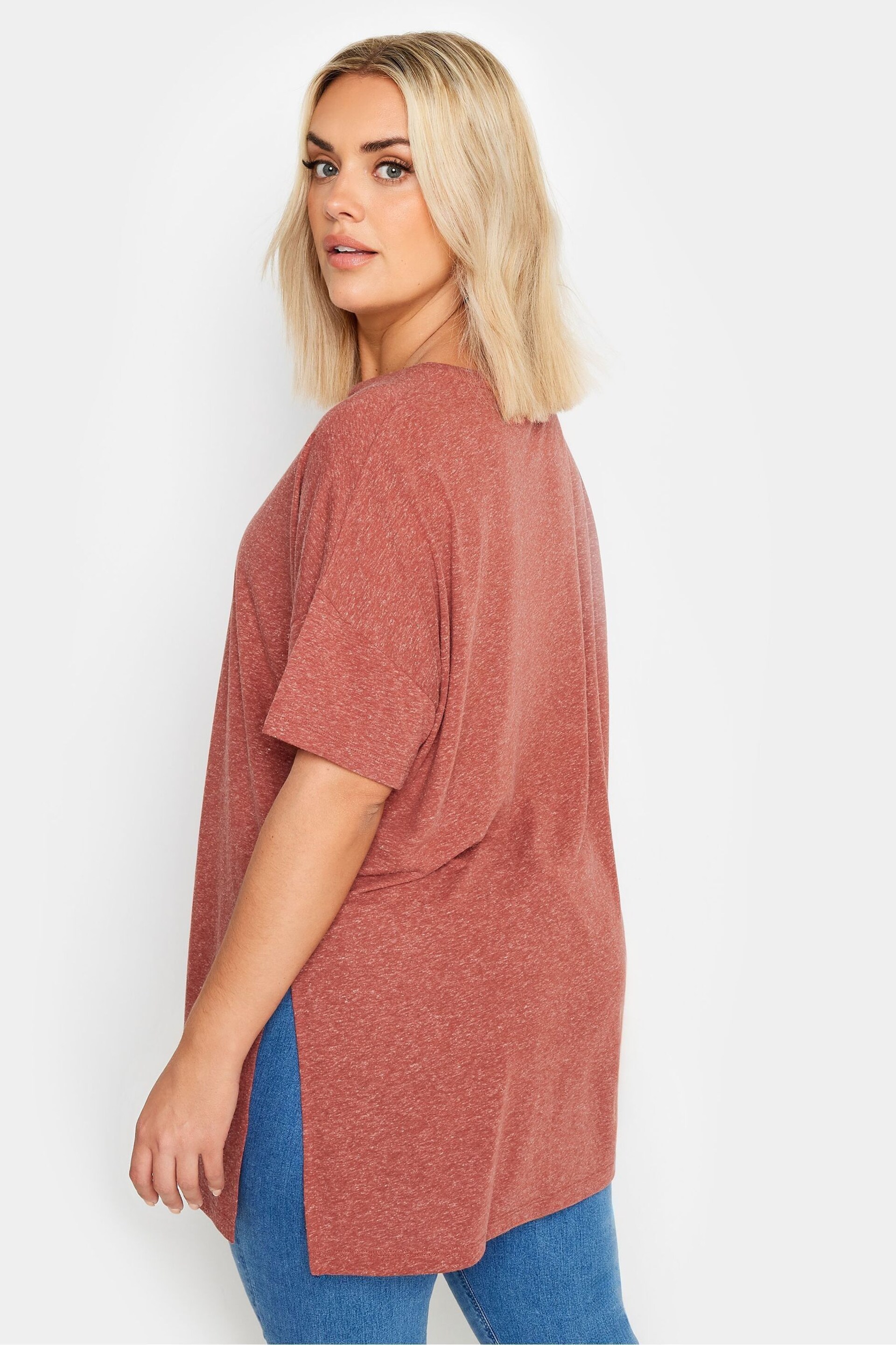 Yours Curve Red Oversize Side Split Linen Look T-Shirt - Image 3 of 5