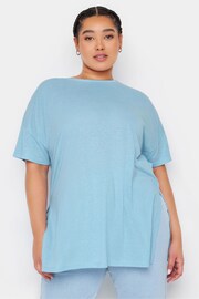 Yours Curve Blue Oversize Side Split Linen Look T-Shirt - Image 1 of 5