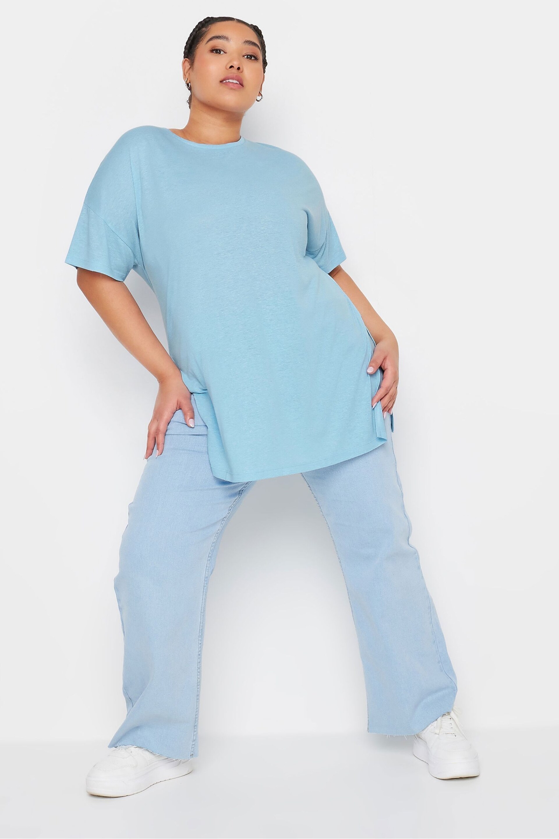 Yours Curve Blue Oversize Side Split Linen Look T-Shirt - Image 2 of 5