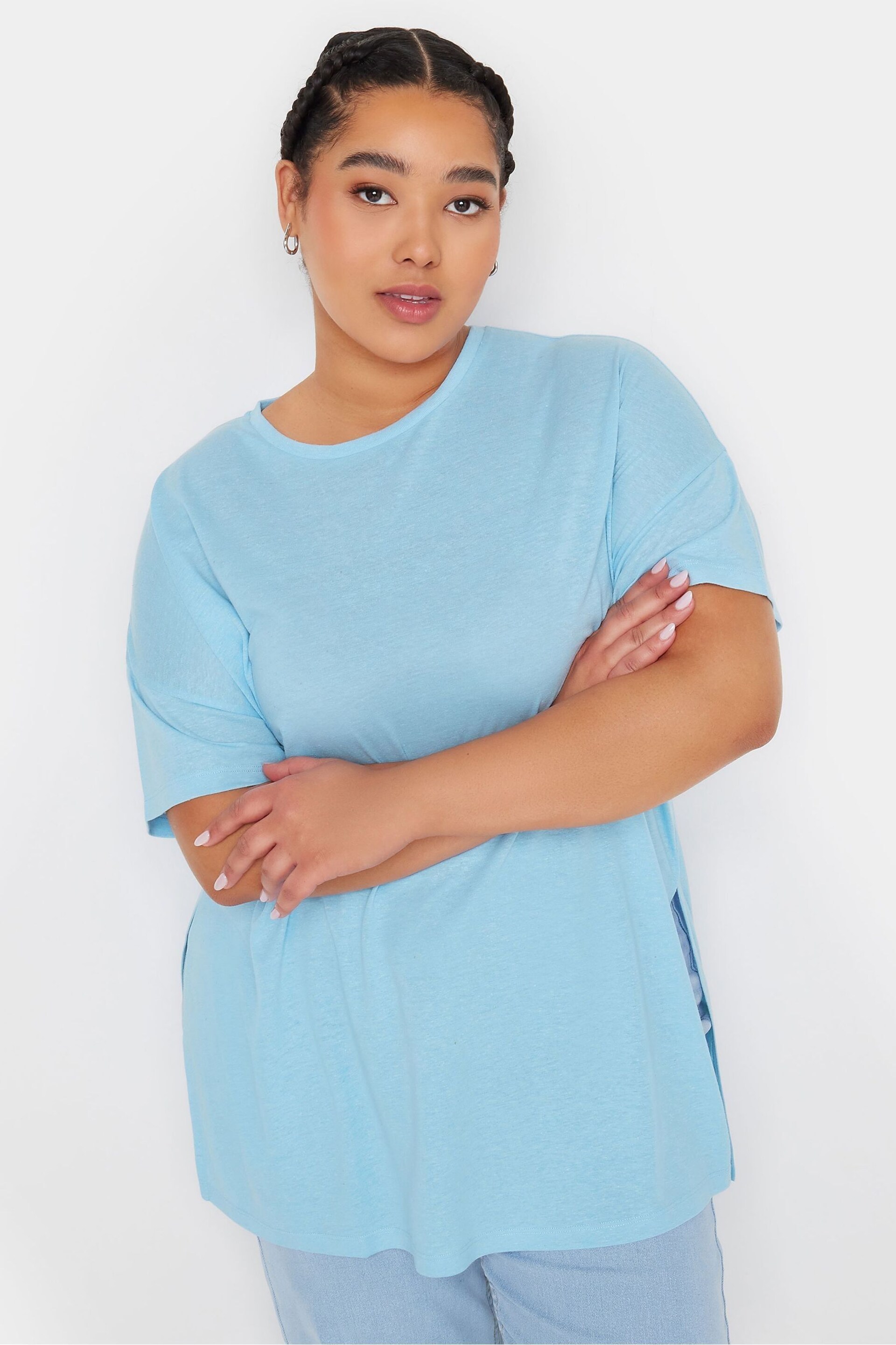 Yours Curve Blue Oversize Side Split Linen Look T-Shirt - Image 4 of 5