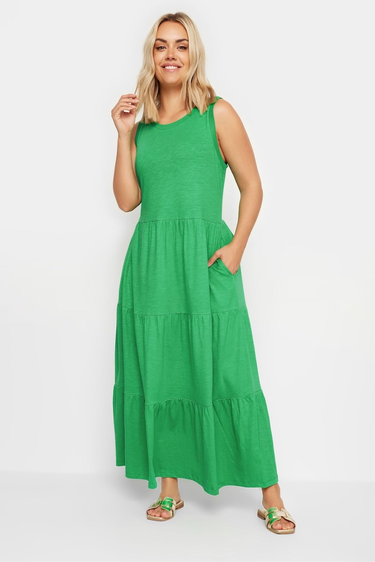 Yours Curve Green Sleeveless Ribbed Trim Tiered Midaxi 100% Cotton Dress - Image 2 of 5