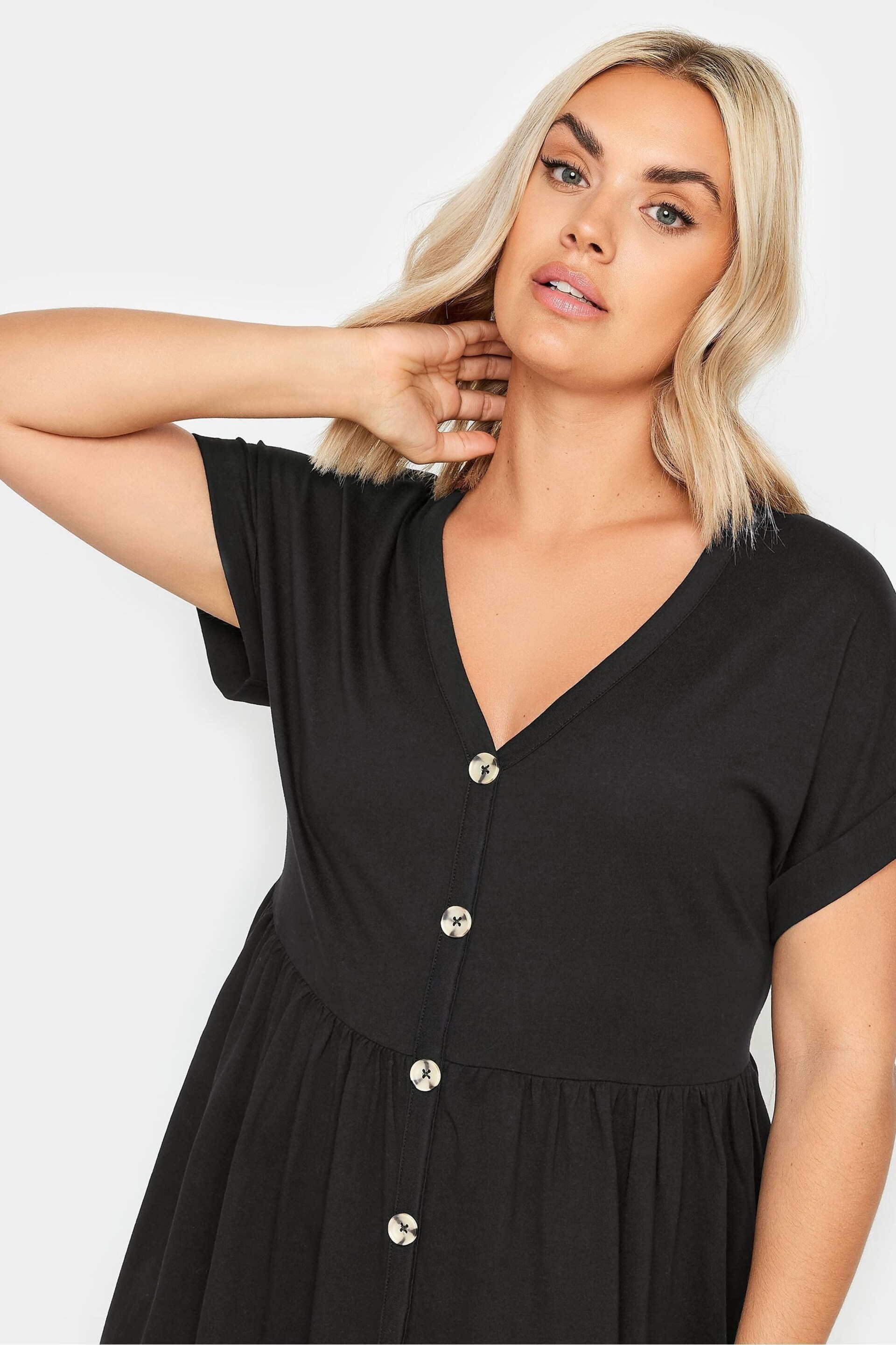 Yours Curve Black Limited Button Front Smock Dress - Image 4 of 5