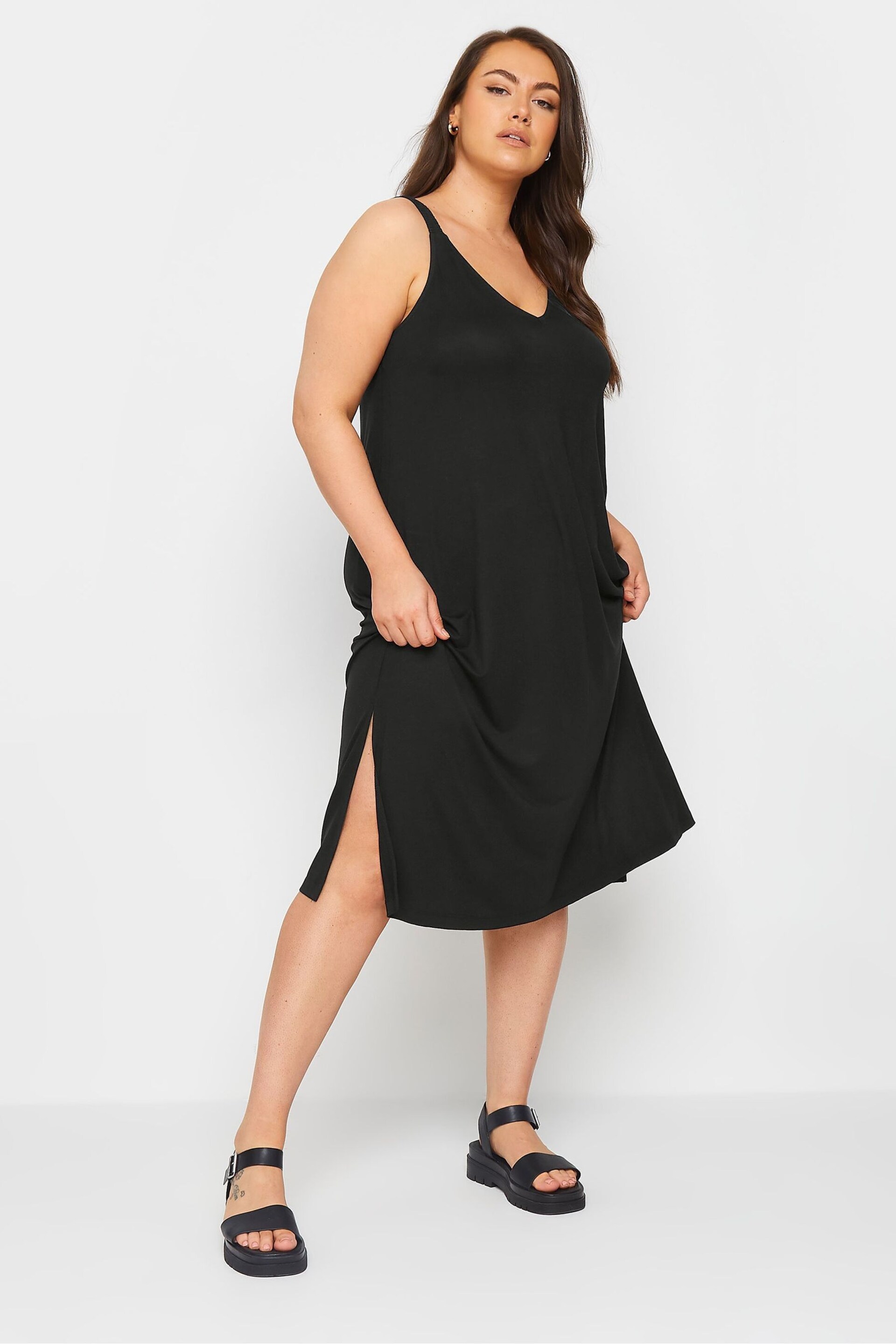 Yours Curve Black Throw On Beach Shirred Strap Dress - Image 2 of 5