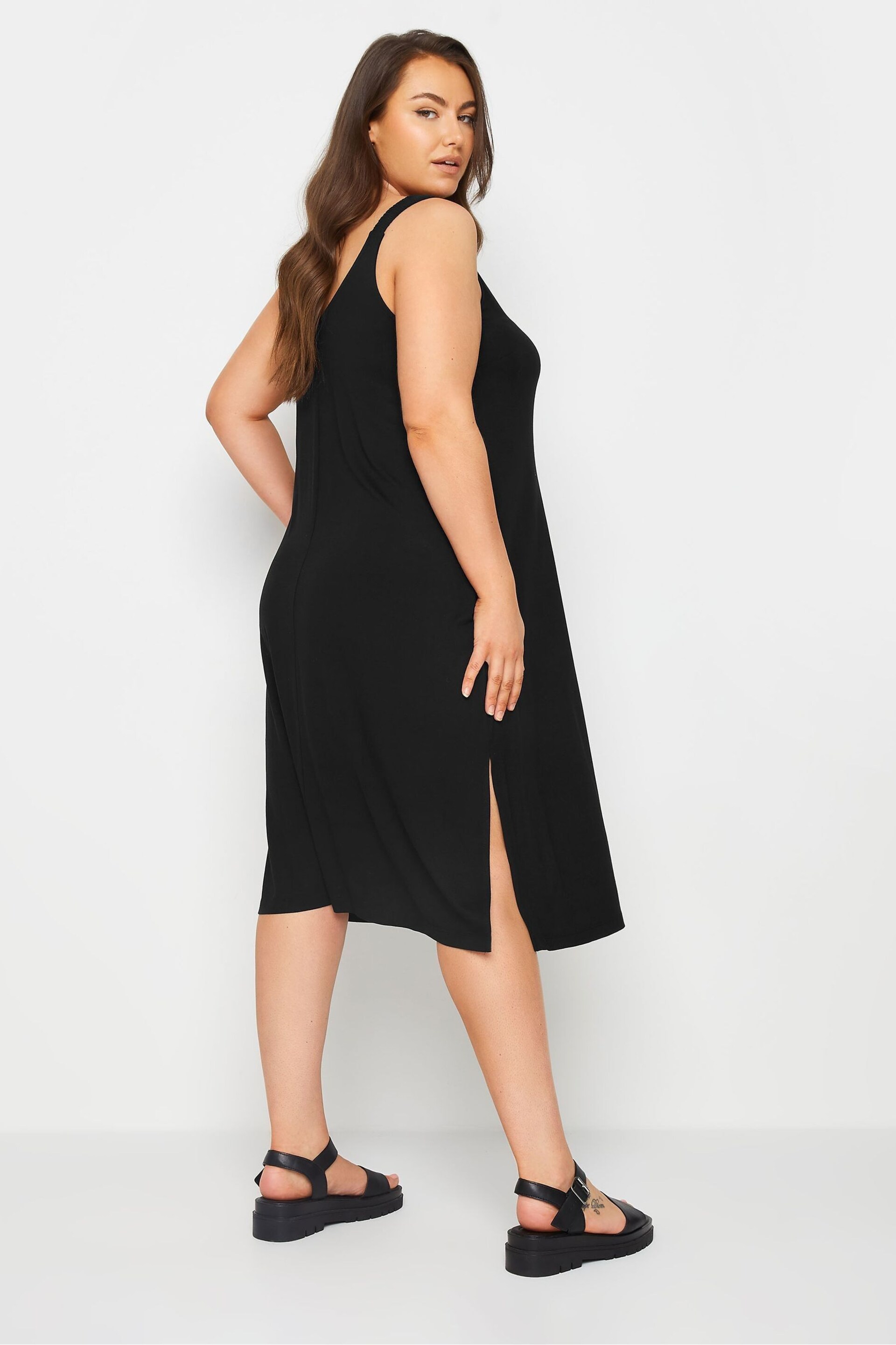 Yours Curve Black Throw On Beach Shirred Strap Dress - Image 4 of 5