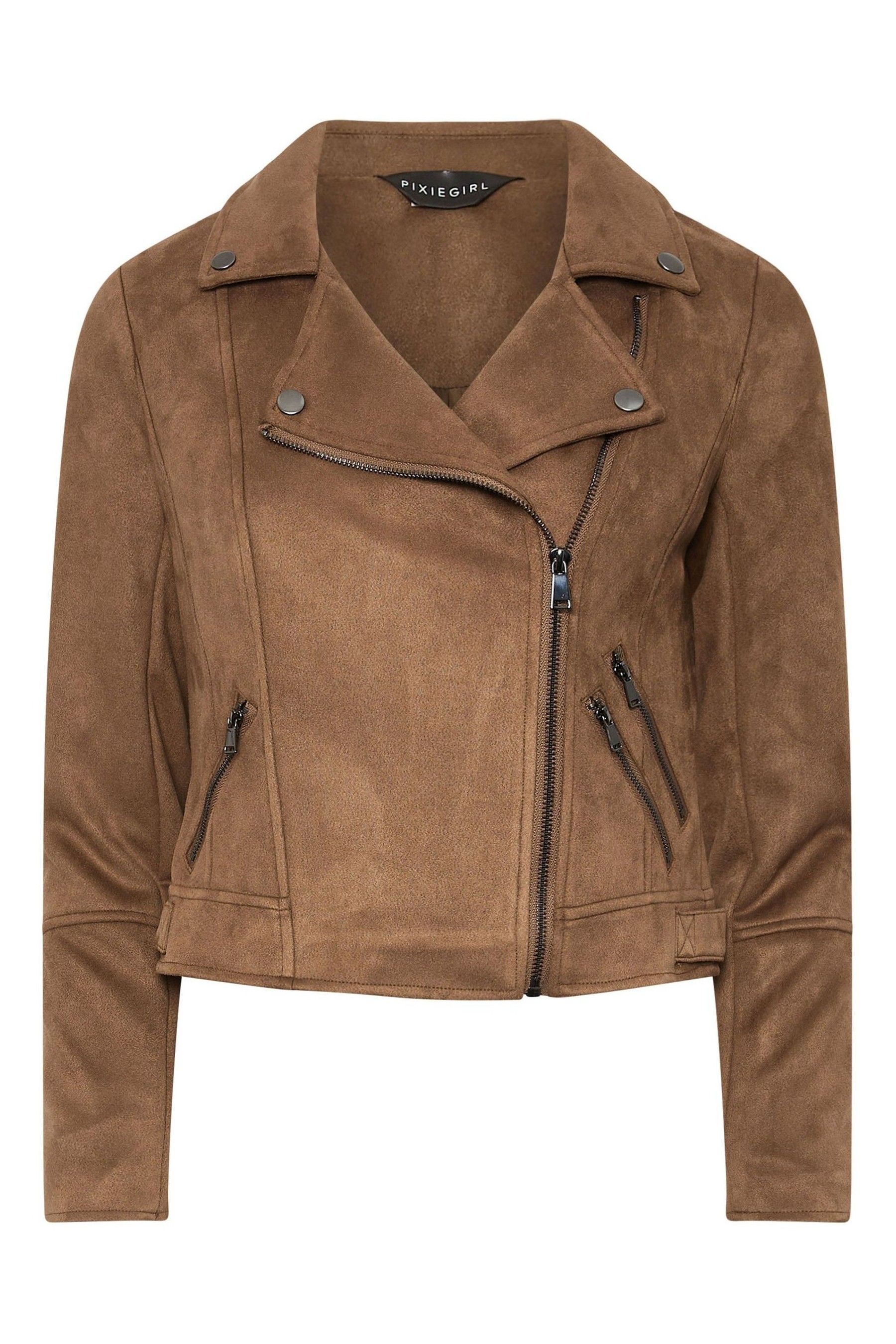 Buy PixieGirl Petite Brown Faux Suede Biker Jacket from Next Oman