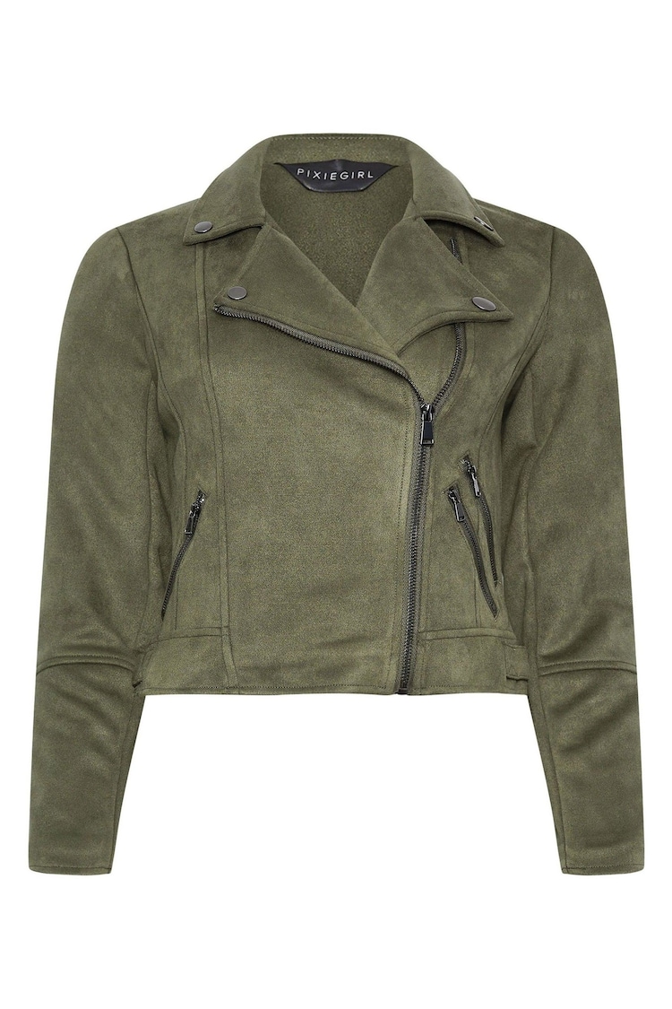 PixieGirl Petite Green Faux Swede Biker Jacket - Image 5 of 5