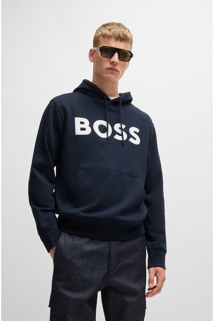 BOSS Blue Contrast Logo Cotton Terry Hoodie - Image 1 of 5