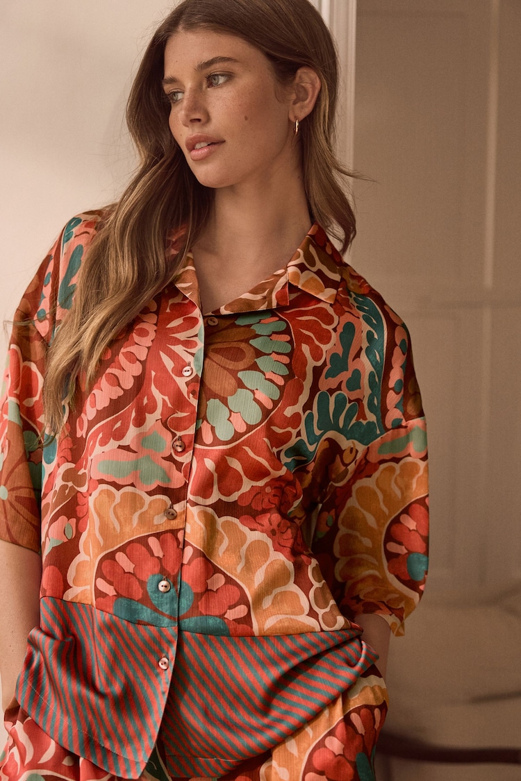 Brown/Multi Paisley Border Print Short Sleeve Crinkle Satin Shirt - Image 1 of 6