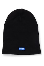 HUGO Blue Black Knitted Cotton Beanie Hat With Logo Label - Image 1 of 4