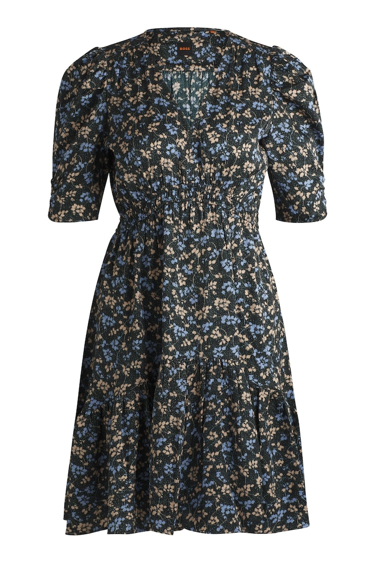 BOSS Blue V-Neck Dress In Printed Satin With Gathered Sleeves - Image 5 of 5