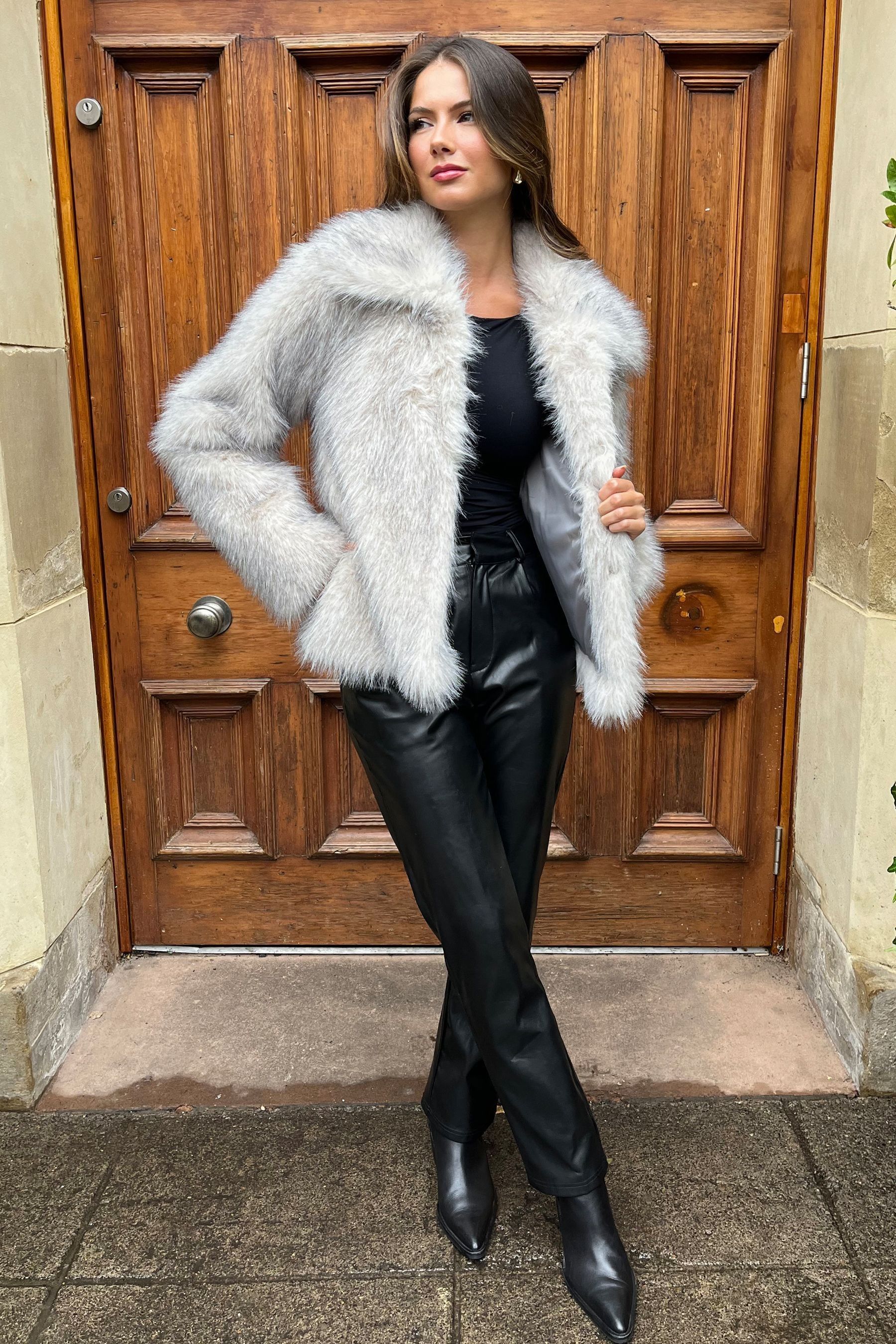 Grey short faux fur jacket top