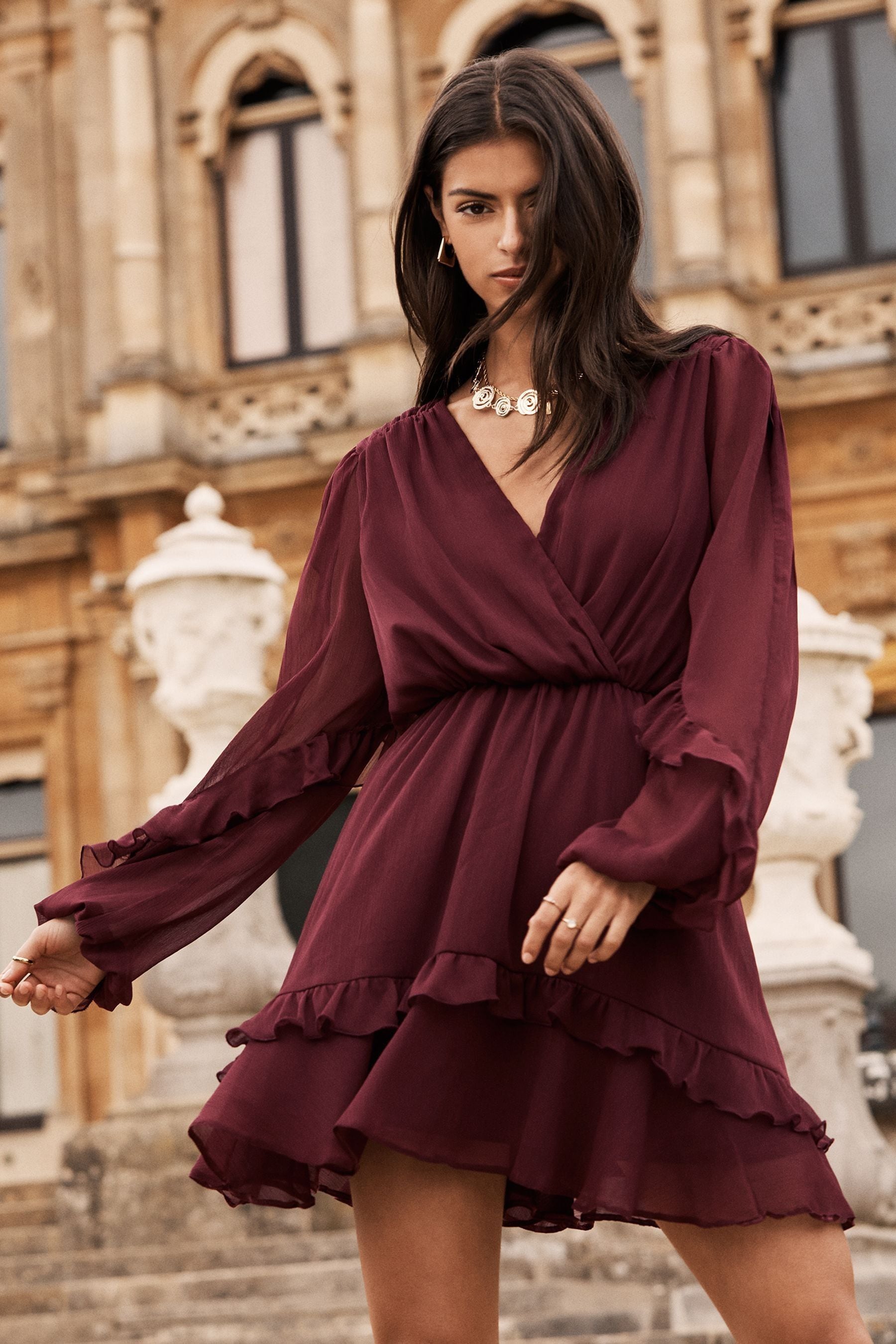 Buy Lipsy Burgundy Red V Neck Ruffle Long Sleeve Chiffon Mini Dress from the Next UK online shop