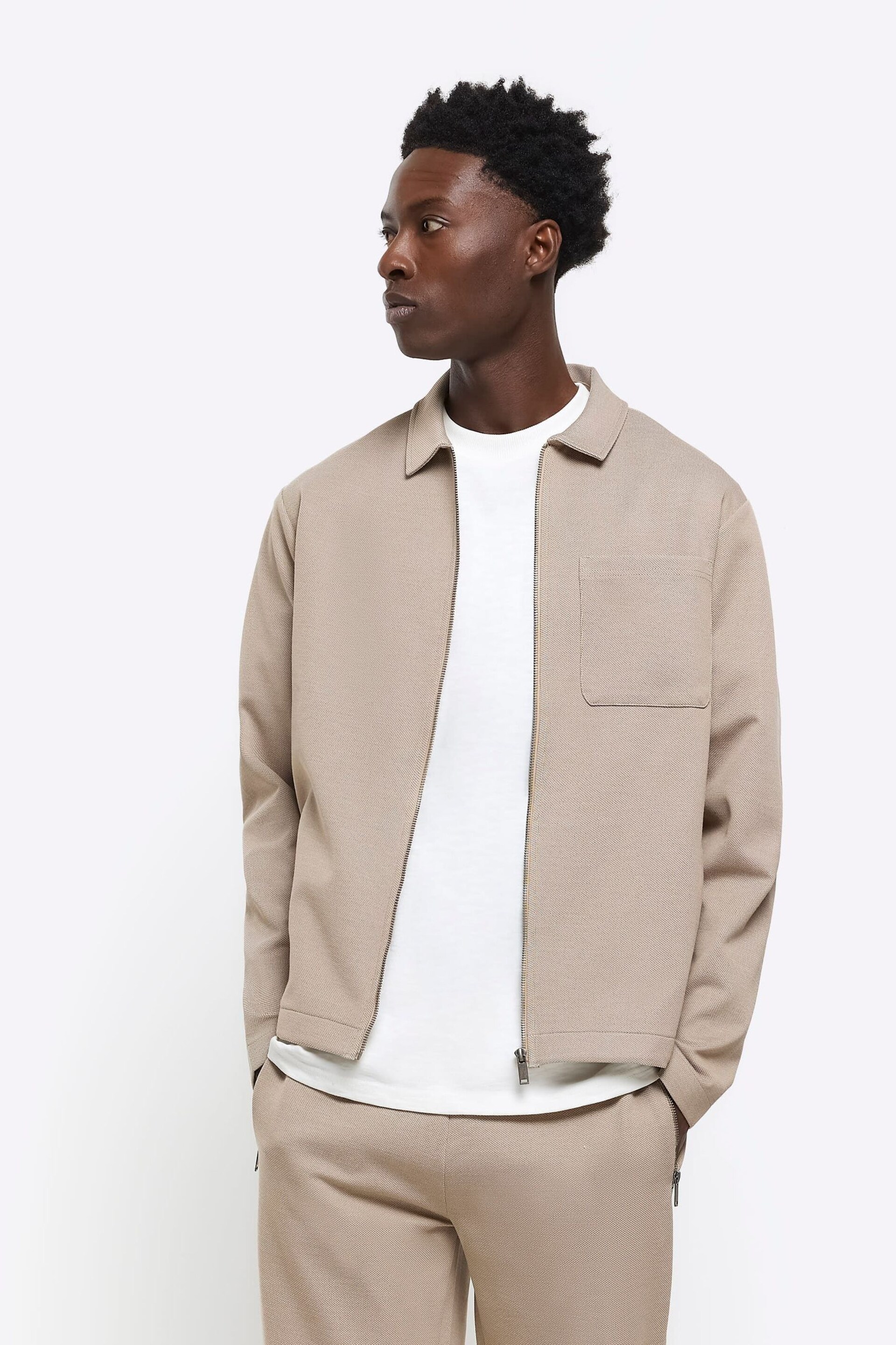 River Island Natural Slim Fit Smart Textured Shacket - Image 2 of 4