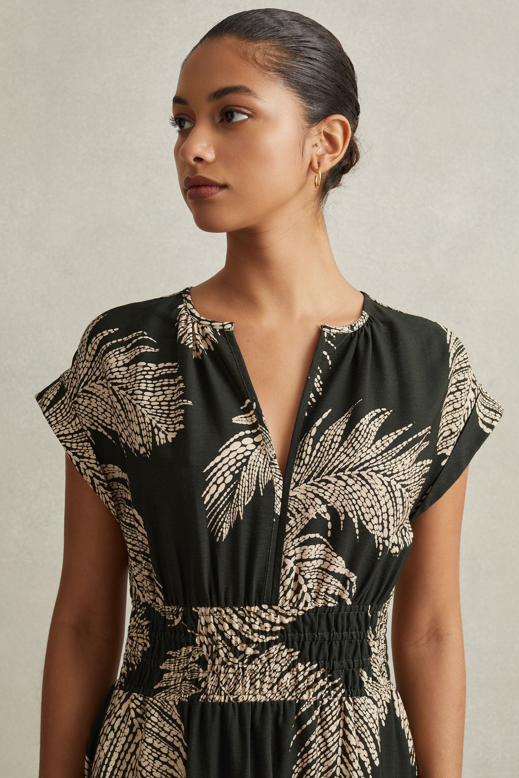 Buy Reiss Khaki Colby Tropical Print Elasticated Waist Midi Dress from Next Luxembourg