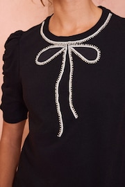 Love & Roses Black Bow Embellished Ruched Sleeve T-Shirt - Image 2 of 4