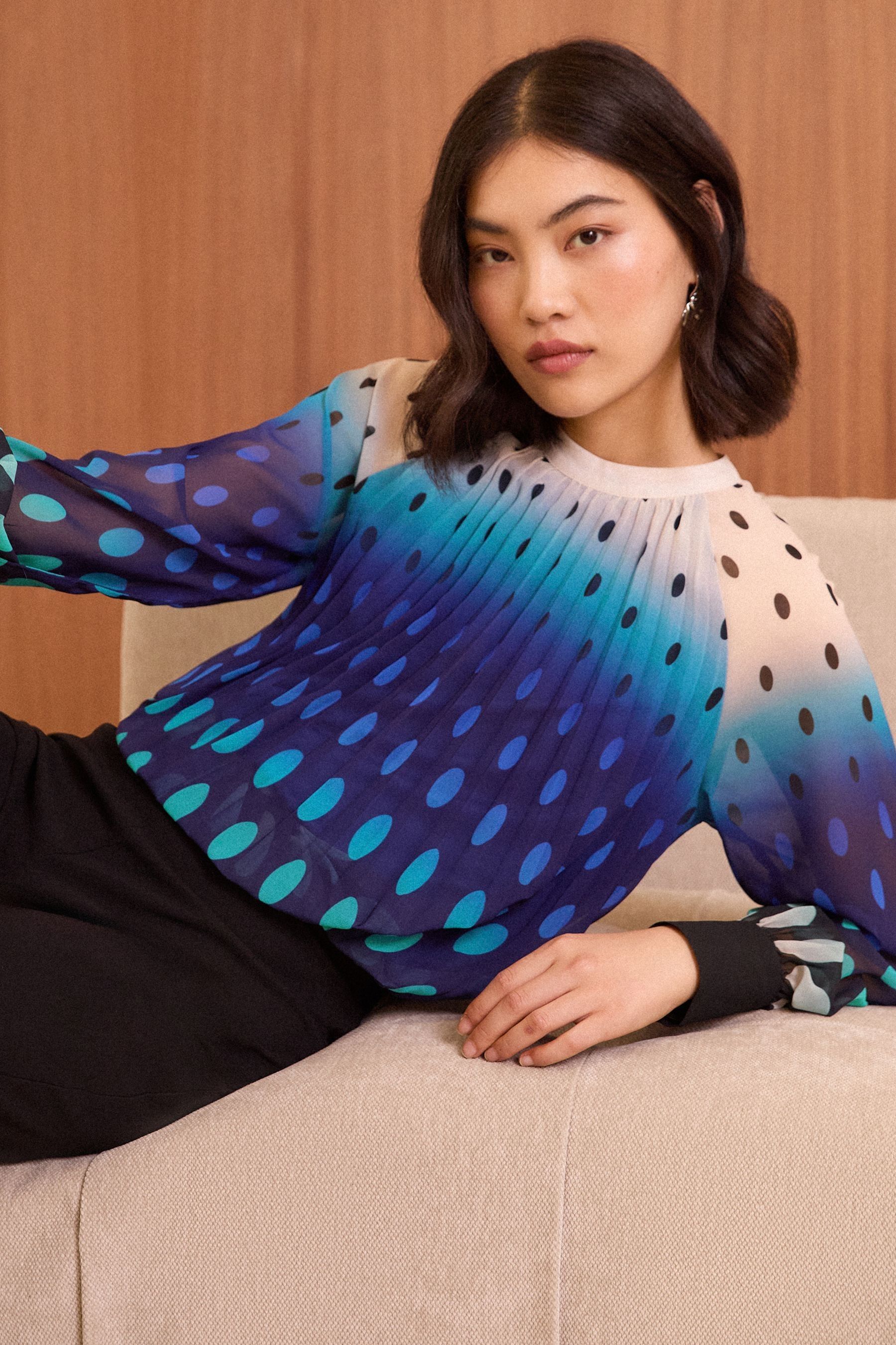 Buy Love Roses Blue Ombre Polka Dot High Neck Pleated Long Sleeve Blouse from the Next UK online shop