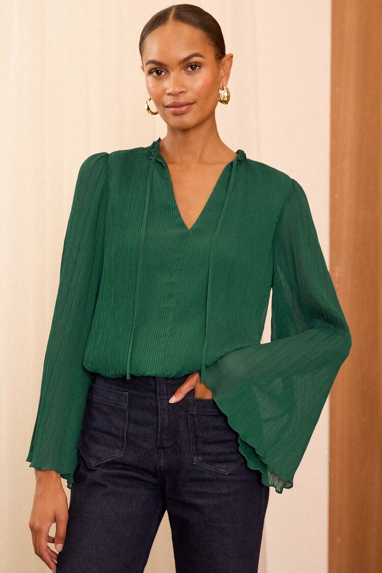Buy Love & Roses Green Pleated V Neck Flute Sleeve Blouse from the Next ...