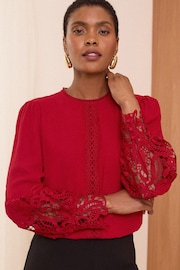 Love & Roses Red Lace Cuff Crew Neck Blouse - Image 1 of 4