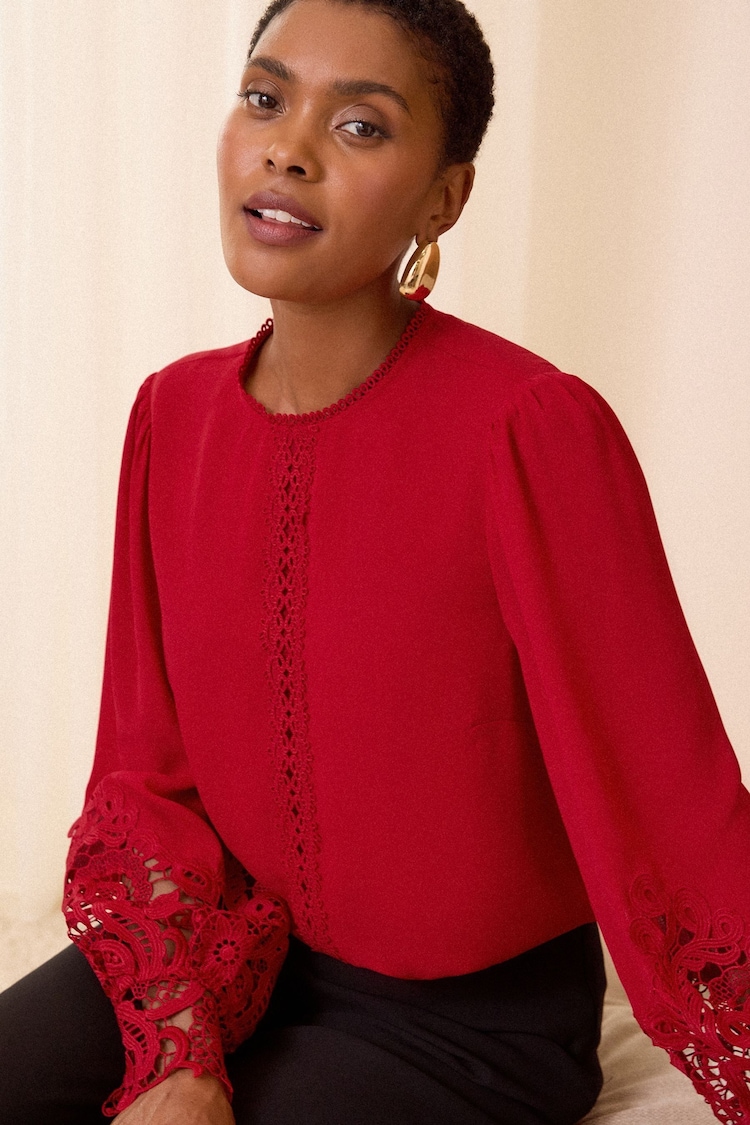 Love & Roses Red Lace Cuff Crew Neck Blouse - Image 2 of 4