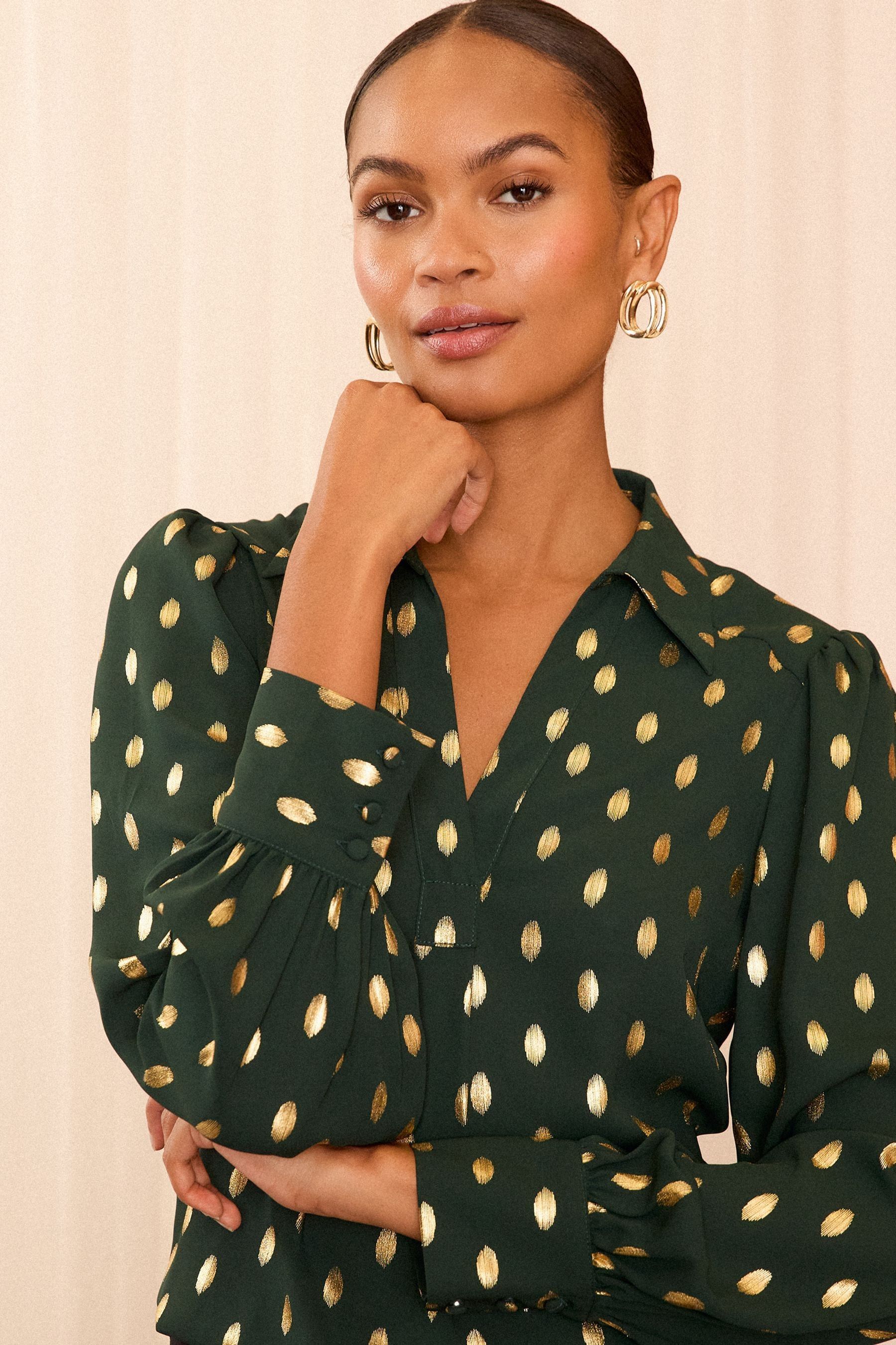 Buy Love Roses Green V Neck Foil Long Sleeve Shirt from the Next UK online shop