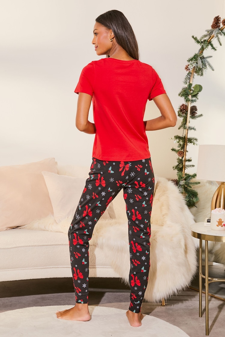 Lipsy Red Sleigh Bells Christmas Jersey Pyjama Trousers Set - Image 4 of 4