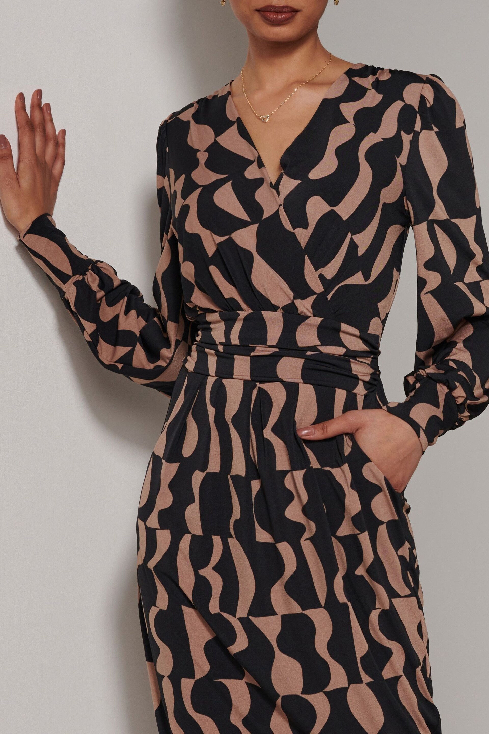 Jolie Moi Brown Gwen Print Long Sleeve Pegged Dress - Image 3 of 6
