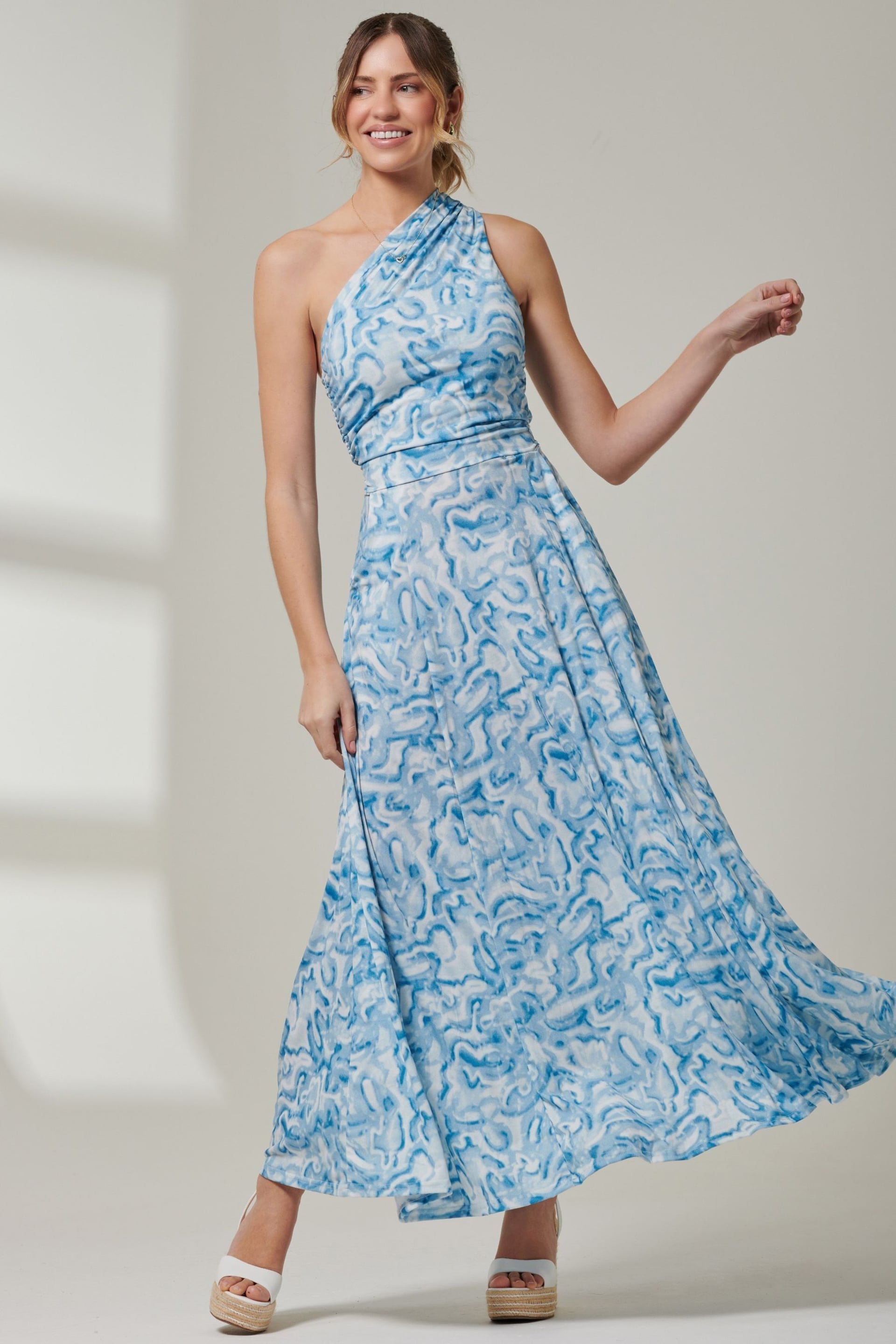 Jolie Moi Blue Abstract Ruched Waist Jersey Maxi Dress - Image 1 of 6
