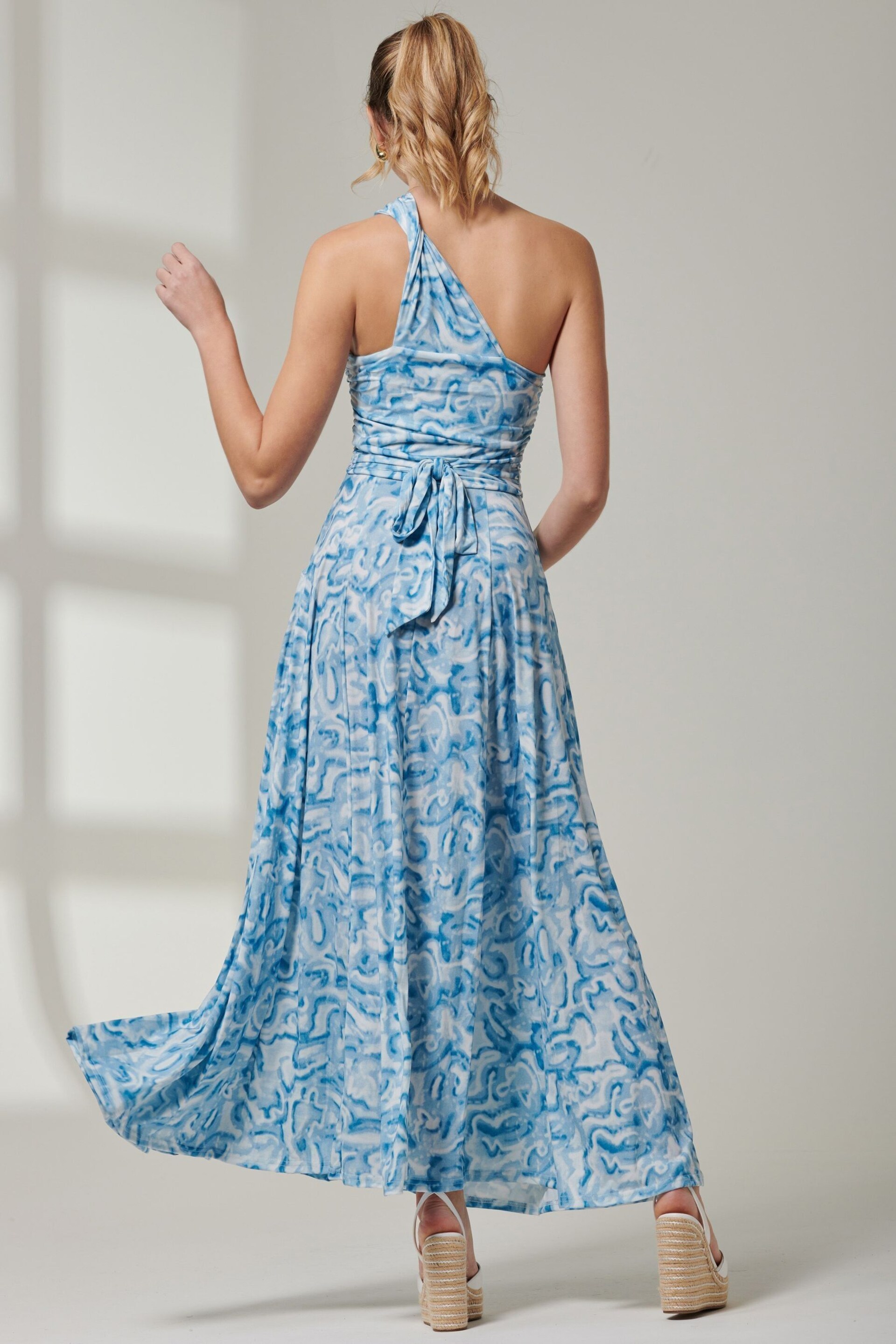 Jolie Moi Blue Abstract Ruched Waist Jersey Maxi Dress - Image 2 of 6