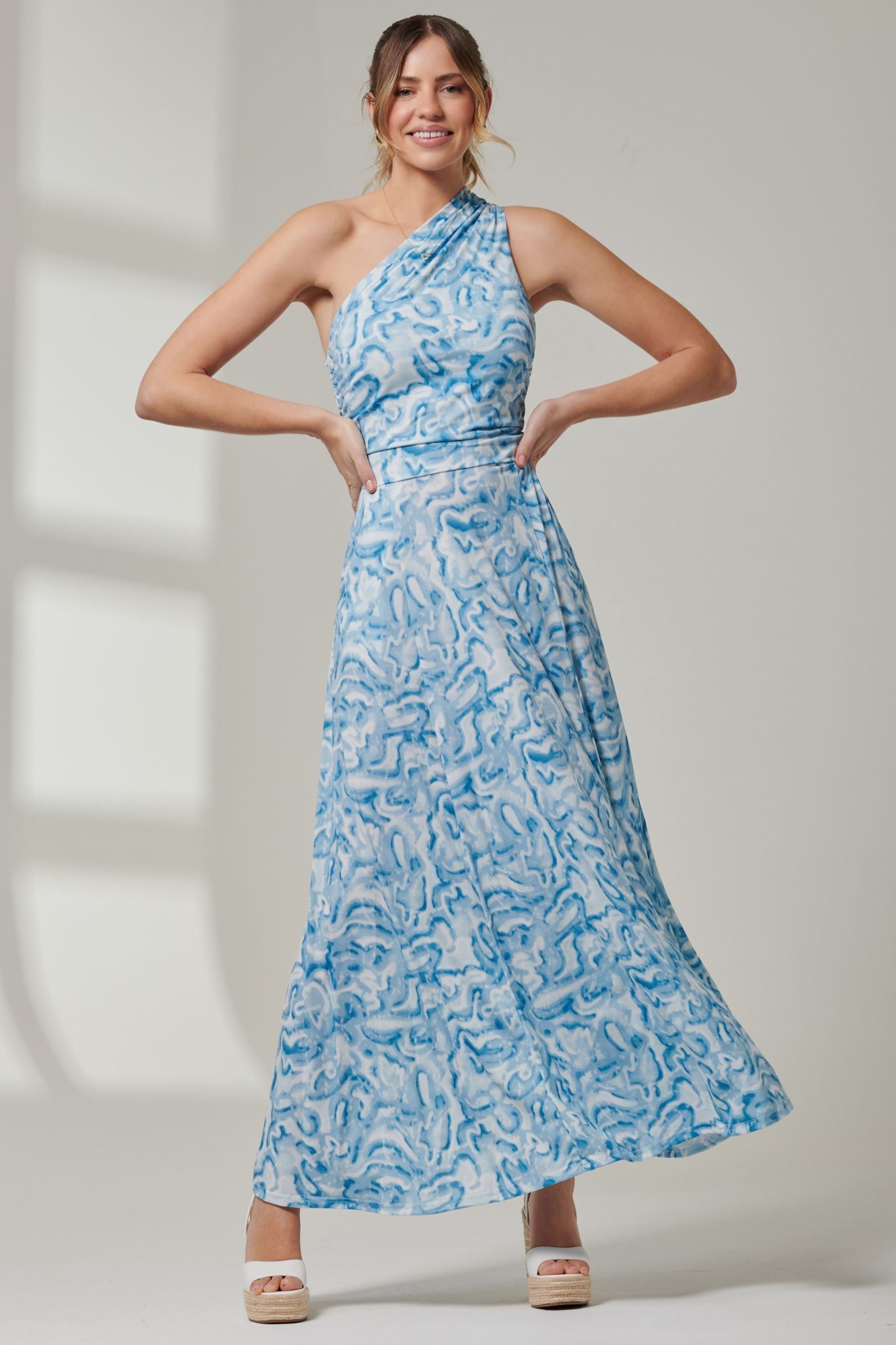 Jolie Moi Blue Abstract Ruched Waist Jersey Maxi Dress - Image 5 of 6